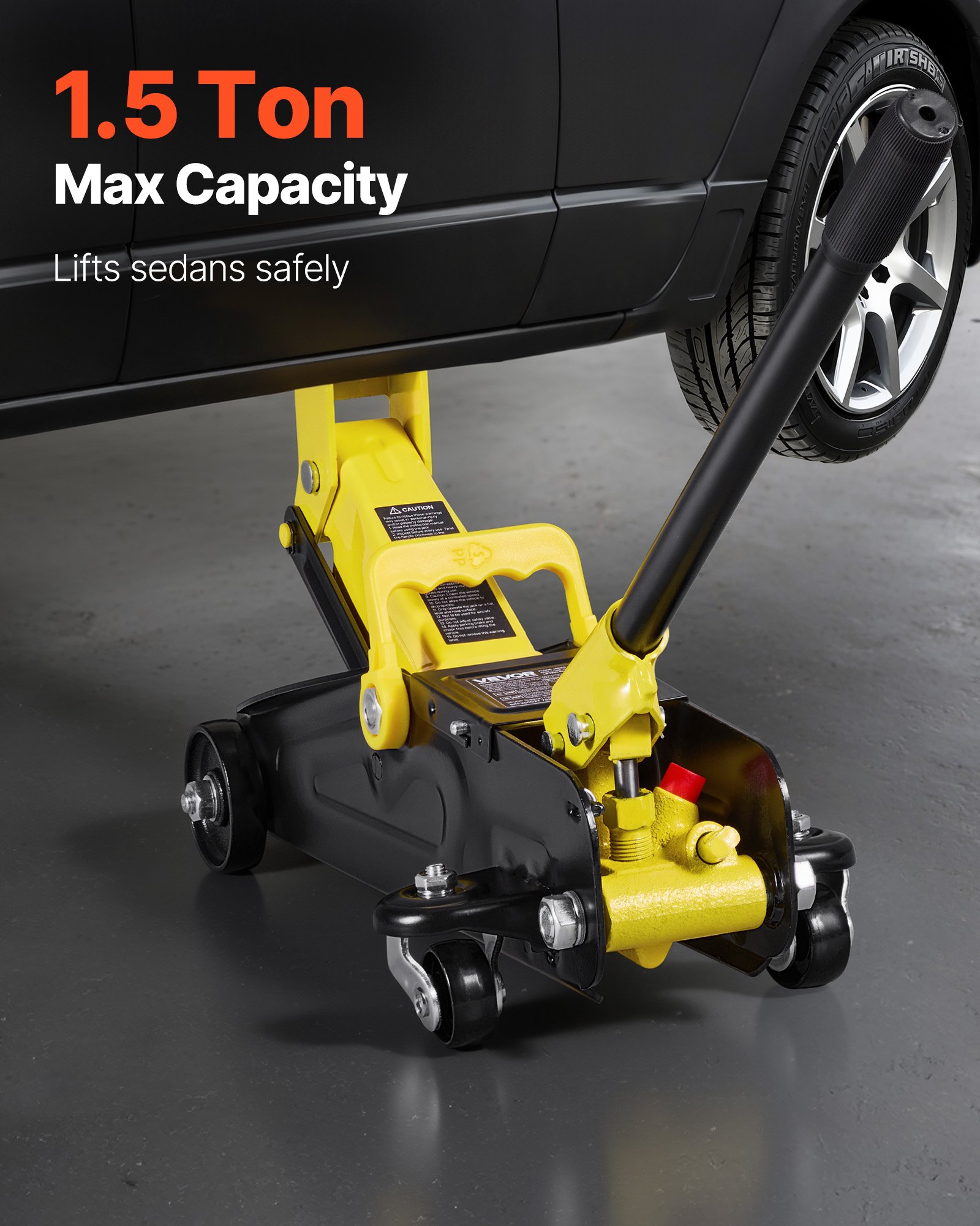 Podnośnik hydrauliczny VEVOR Low-Profile Trolley Jack i koła 360°, udźwig 1,5 t, pompa jednotłokowa Quick-Lift, wysokość podnoszenia 13-31 cm, podnośnik hydrauliczny do samochodów sportowych i sedanów, kolor żółty i czarny