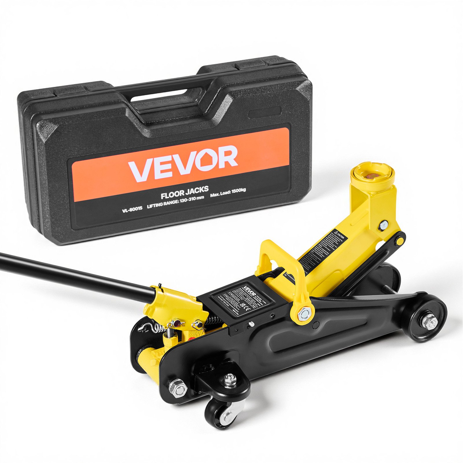 Podnośnik hydrauliczny VEVOR Low-Profile Trolley Jack i koła 360°, udźwig 1,5 t, pompa jednotłokowa Quick-Lift, wysokość podnoszenia 13-31 cm, podnośnik hydrauliczny do samochodów sportowych i sedanów, kolor żółty i czarny