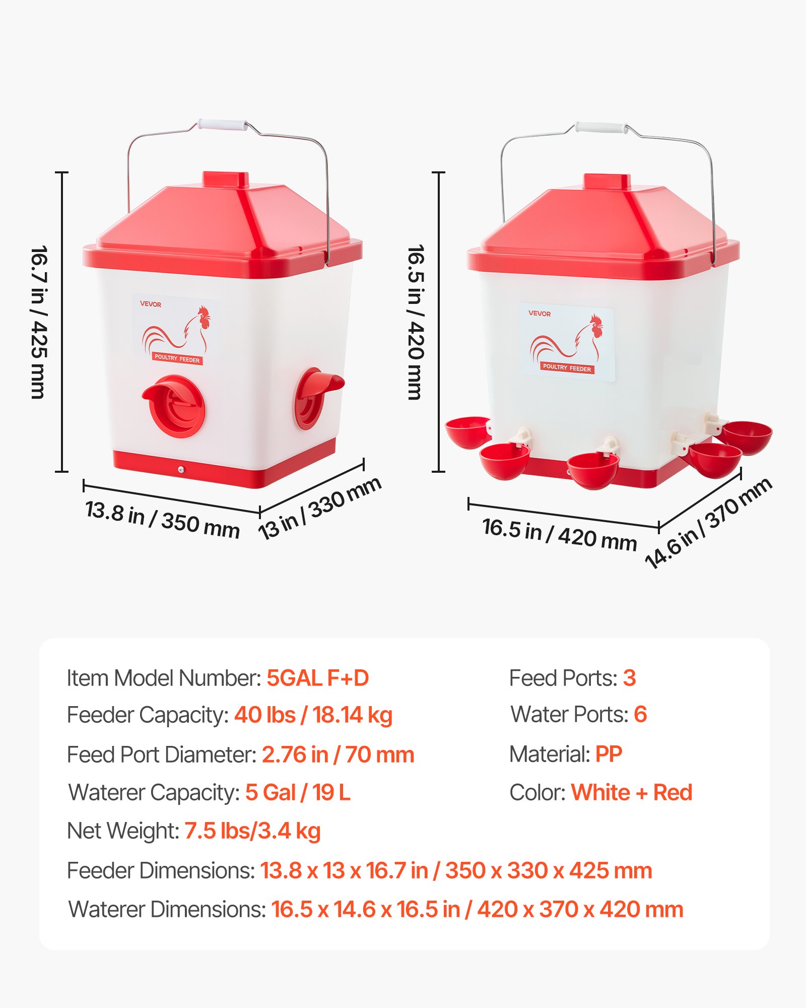 Automatyczny karmnik i poidło dla kurczaków VEVOR, 18,14 kg/19 l, wodoodporny dozownik wody z miską na wodę, zapobiega marnowaniu karmy, automatyczne karmienie grawitacyjne, odpowiedni dla kurczaków, kaczek i indyków