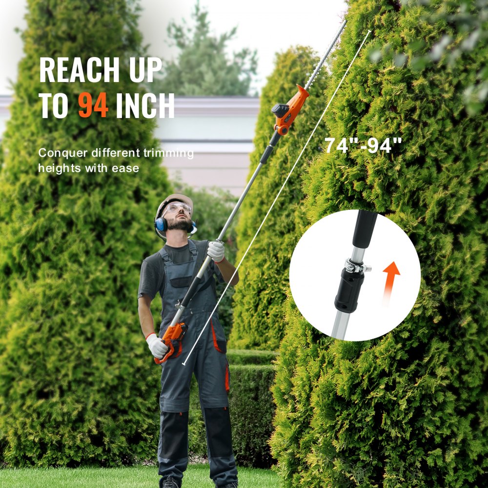VEVOR Telescopic Hedge Trimmer 20V, Copper Motor, 17,500 RPM, Electric Hedge Trimmer, 46cm Blade Length, 188-239cm Extendable, 16mm Cutting Diameter, 30-150° Rotatable, Includes Fast Charger and Battery