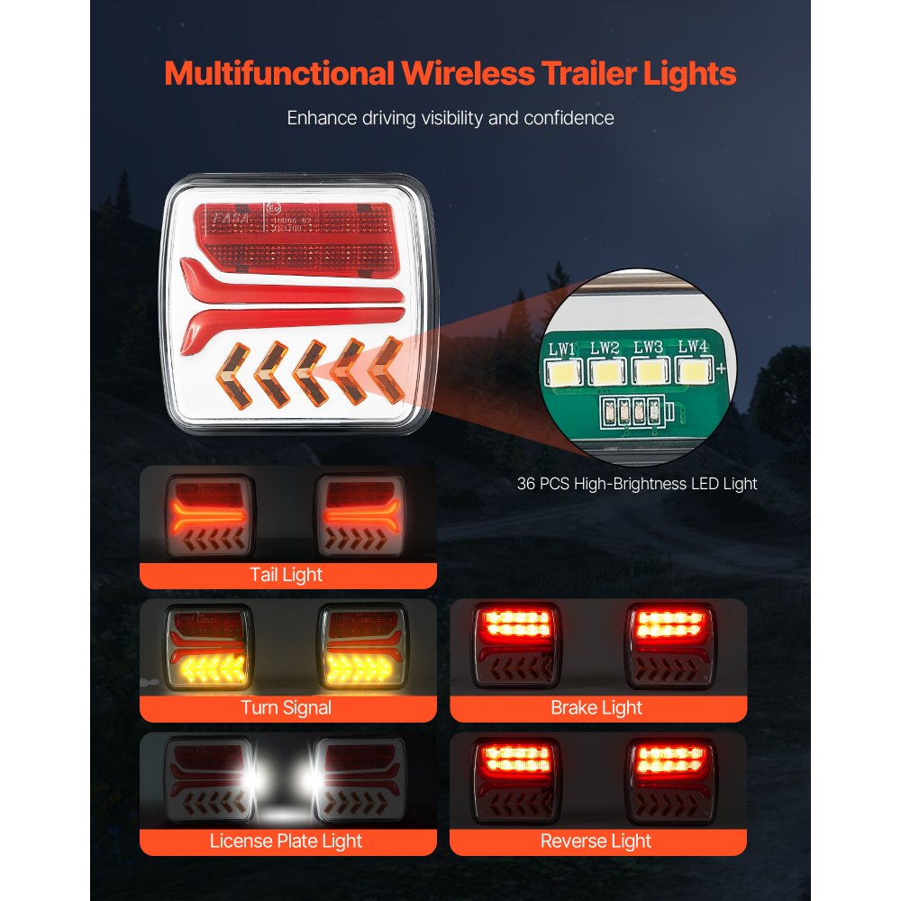 VEVOR Trailer Lights, 2PCS 12V Square LED Magnetic Wireless Trailer Tail Lights Kit with Stop Brake Turn Tail License Plate Reverse Lamp, Waterproof Tow Lighting Kit for Boat Truck Camper RV Tractor