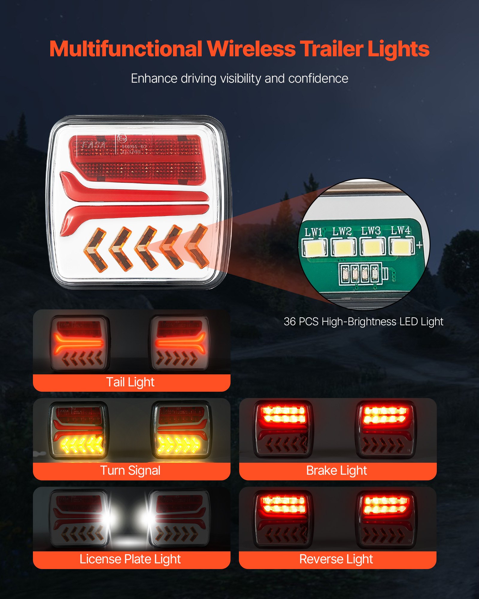 VEVOR Trailer Lights, 2PCS 12V Square LED Magnetic Wireless Trailer Tail Lights Kit with Stop Brake Turn Tail License Plate Reverse Lamp, Waterproof Tow Lighting Kit for Boat Truck Camper RV Tractor