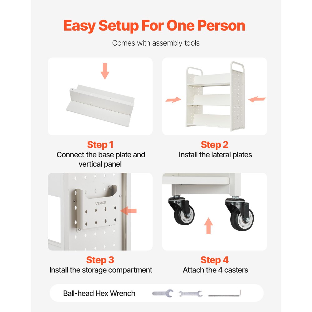 Wózek biblioteczny VEVOR, udźwig 150 kg, 97 x 51,5 x 122,5 cm, dwustronna półka na książki w kształcie litery W z podwójnymi kółkami hamulcowymi, wózek-półka do salonu, biura, szkoły, biały