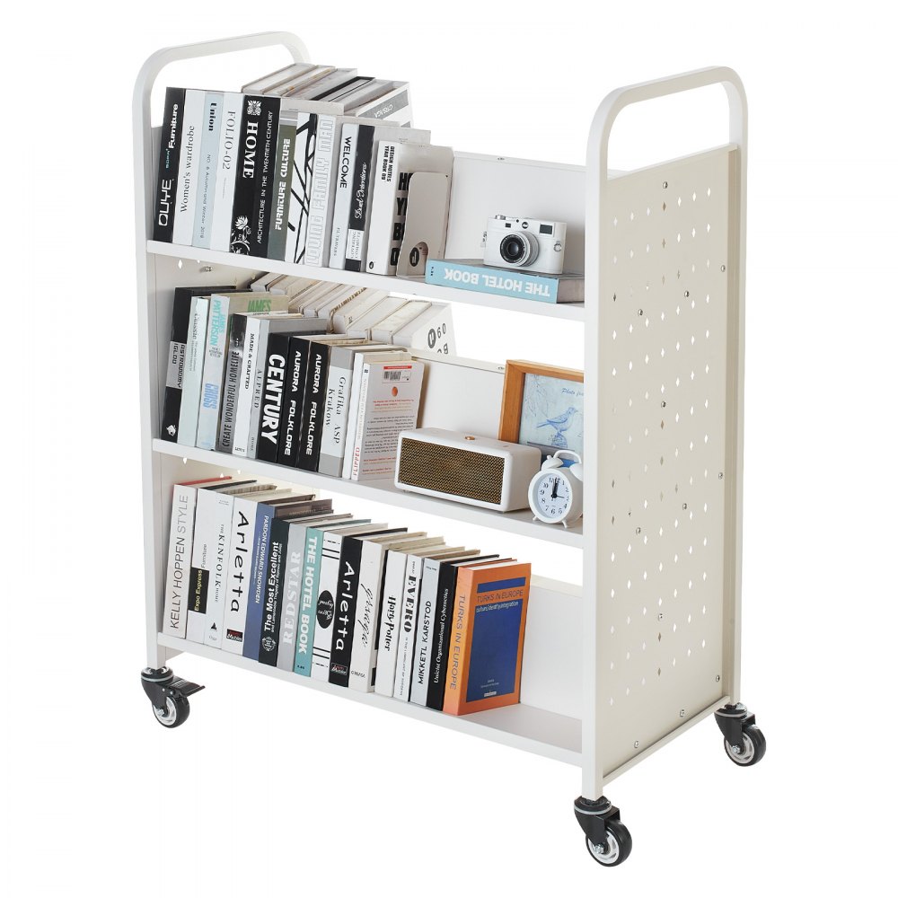 Wózek biblioteczny VEVOR, udźwig 150 kg, 97 x 51,5 x 122,5 cm, dwustronna półka na książki w kształcie litery W z podwójnymi kółkami hamulcowymi, wózek-półka do salonu, biura, szkoły, biały