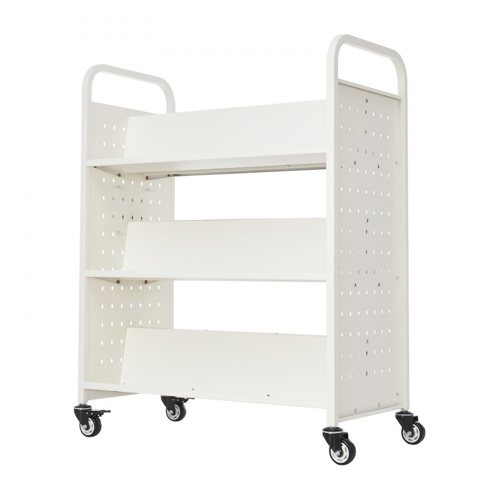 Wózek biblioteczny VEVOR, udźwig 150 kg, 97 x 51,5 x 122,5 cm, dwustronna półka na książki w kształcie litery W z podwójnymi kółkami hamulcowymi, wózek-półka do salonu, biura, szkoły, biały