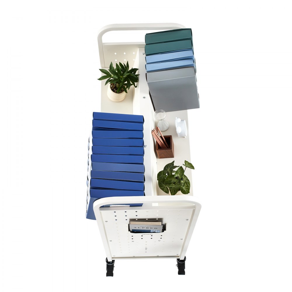 Wózek biblioteczny VEVOR, udźwig 150 kg, 97 x 51,5 x 122,5 cm, dwustronna półka na książki w kształcie litery W z podwójnymi kółkami hamulcowymi, wózek-półka do salonu, biura, szkoły, biały