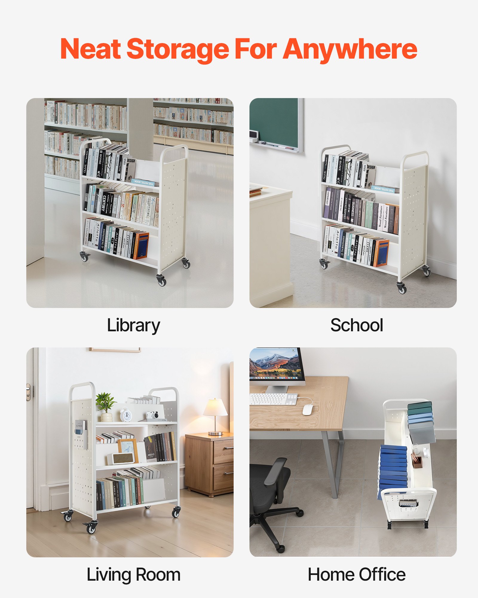 Wózek biblioteczny VEVOR, udźwig 150 kg, 97 x 51,5 x 122,5 cm, dwustronna półka na książki w kształcie litery W z podwójnymi kółkami hamulcowymi, wózek-półka do salonu, biura, szkoły, biały