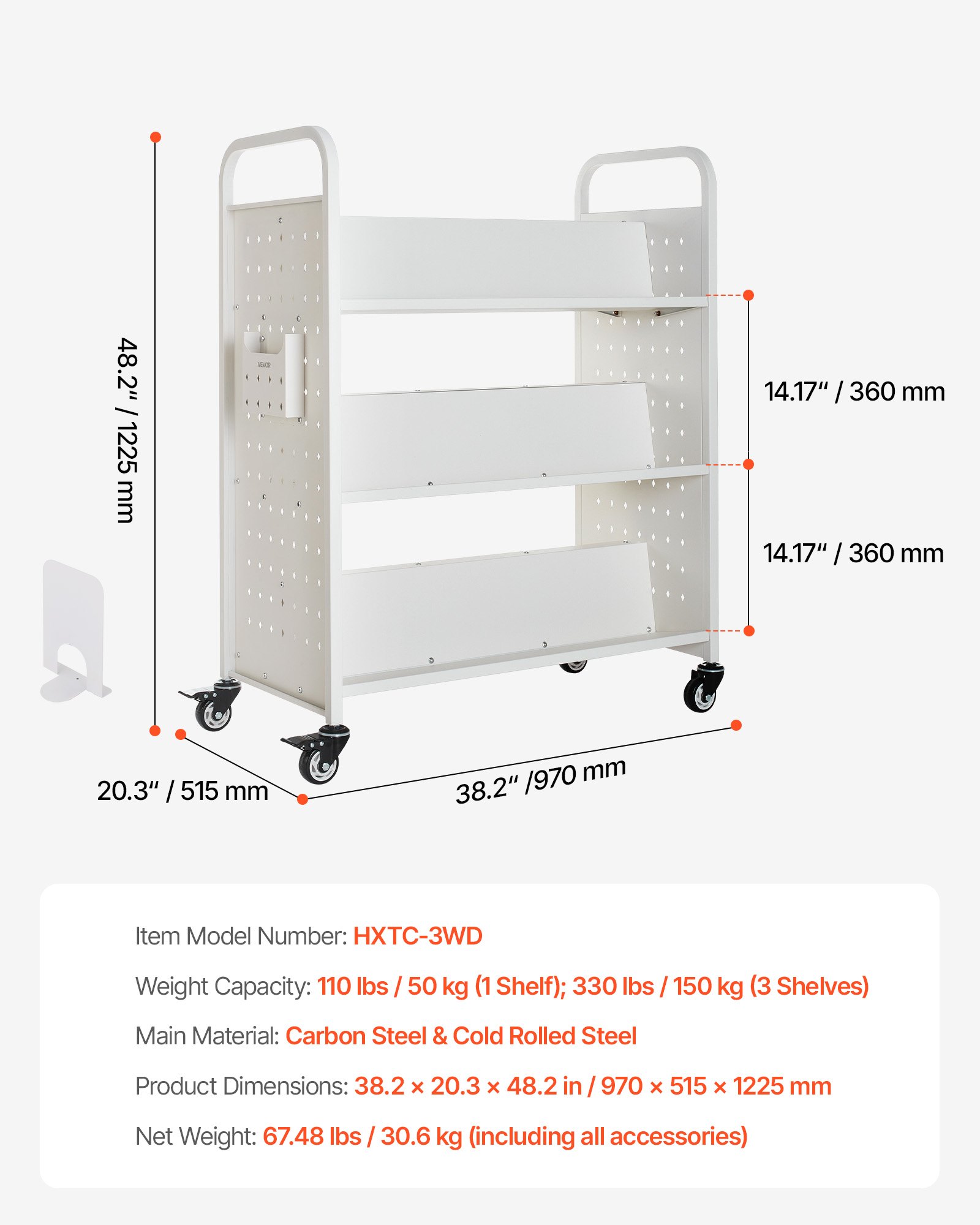 Wózek biblioteczny VEVOR, udźwig 150 kg, 97 x 51,5 x 122,5 cm, dwustronna półka na książki w kształcie litery W z podwójnymi kółkami hamulcowymi, wózek-półka do salonu, biura, szkoły, biały