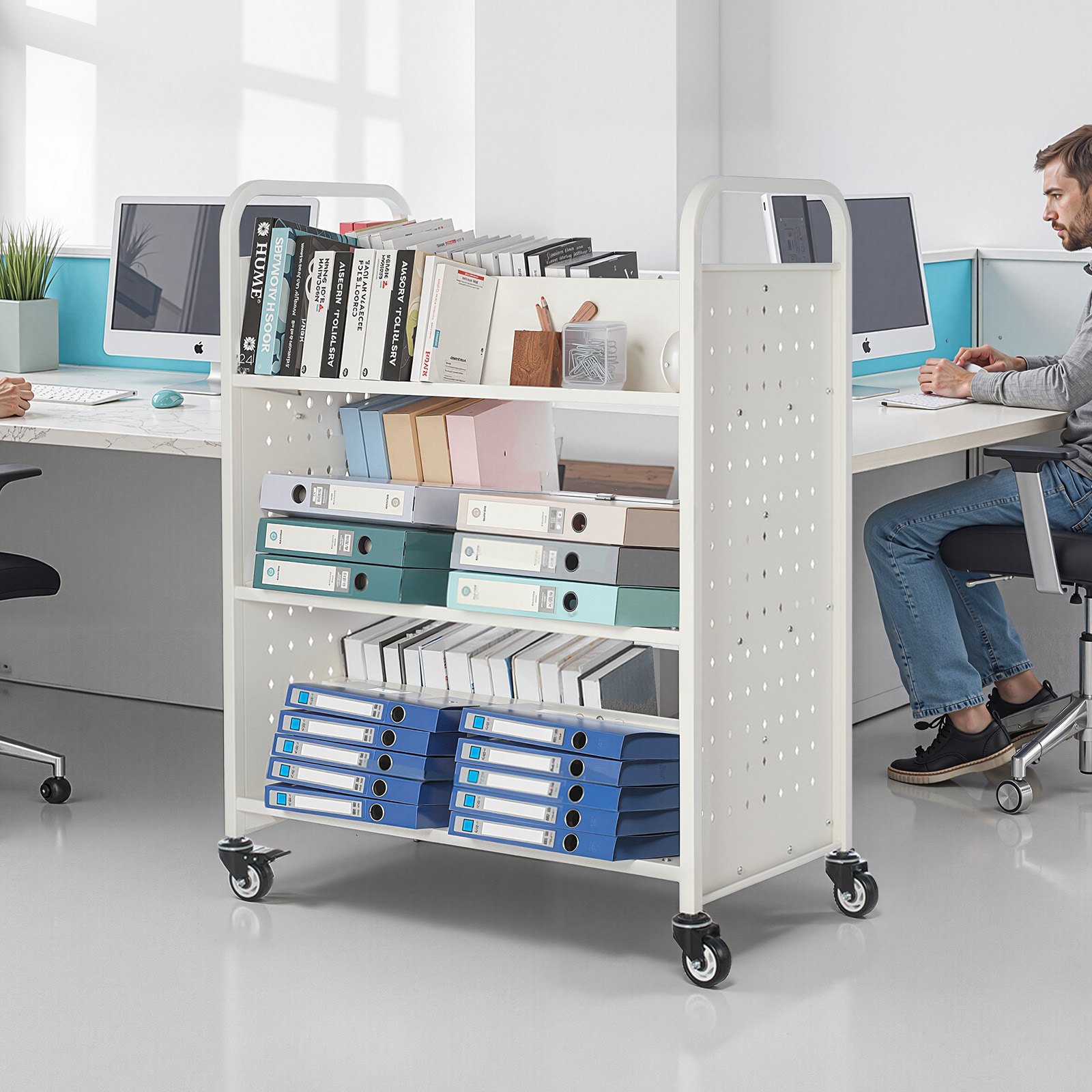 Wózek biblioteczny VEVOR, udźwig 150 kg, 97 x 51,5 x 122,5 cm, dwustronna półka na książki w kształcie litery W z podwójnymi kółkami hamulcowymi, wózek-półka do salonu, biura, szkoły, biały