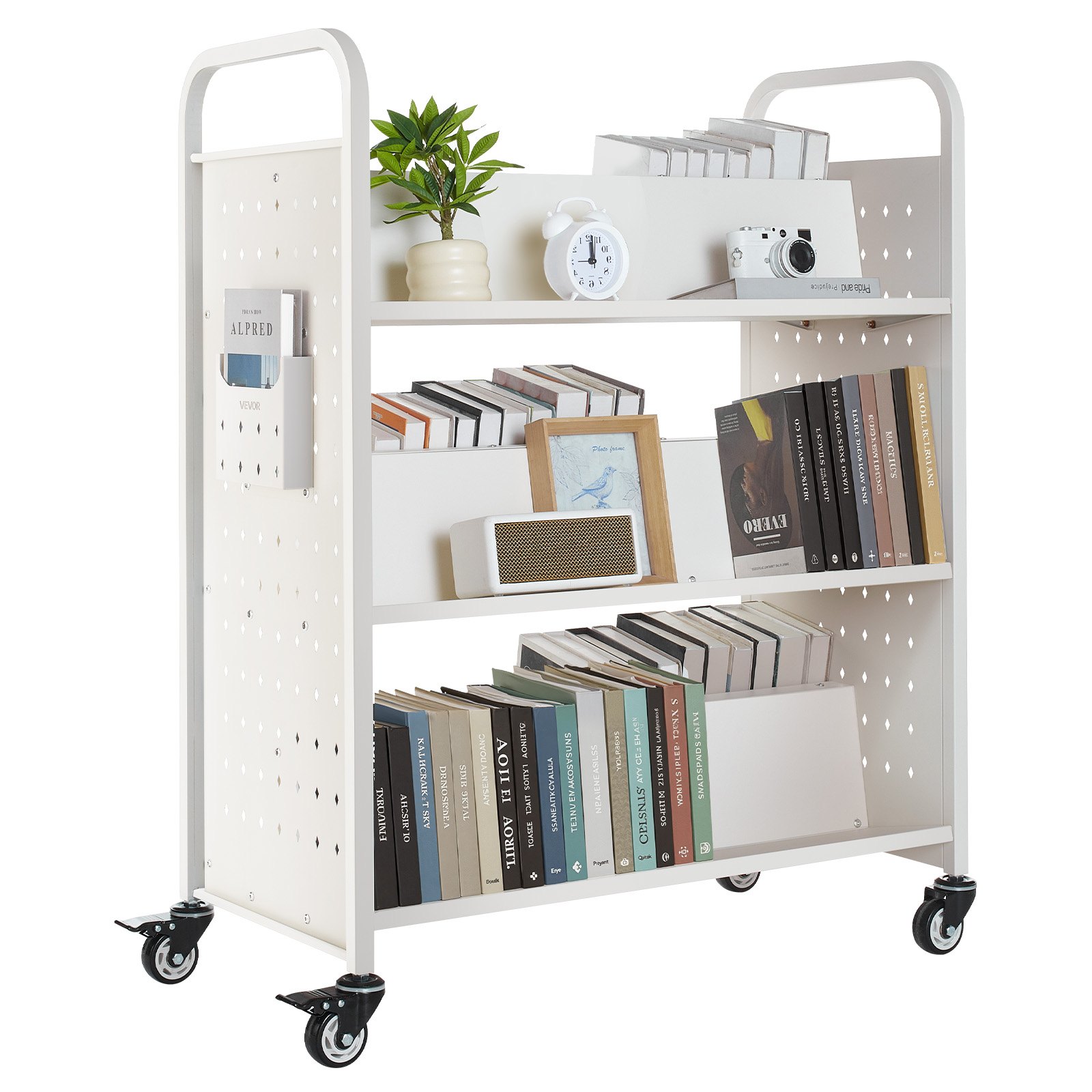 Wózek biblioteczny VEVOR, udźwig 150 kg, 97 x 51,5 x 122,5 cm, dwustronna półka na książki w kształcie litery W z podwójnymi kółkami hamulcowymi, wózek-półka do salonu, biura, szkoły, biały