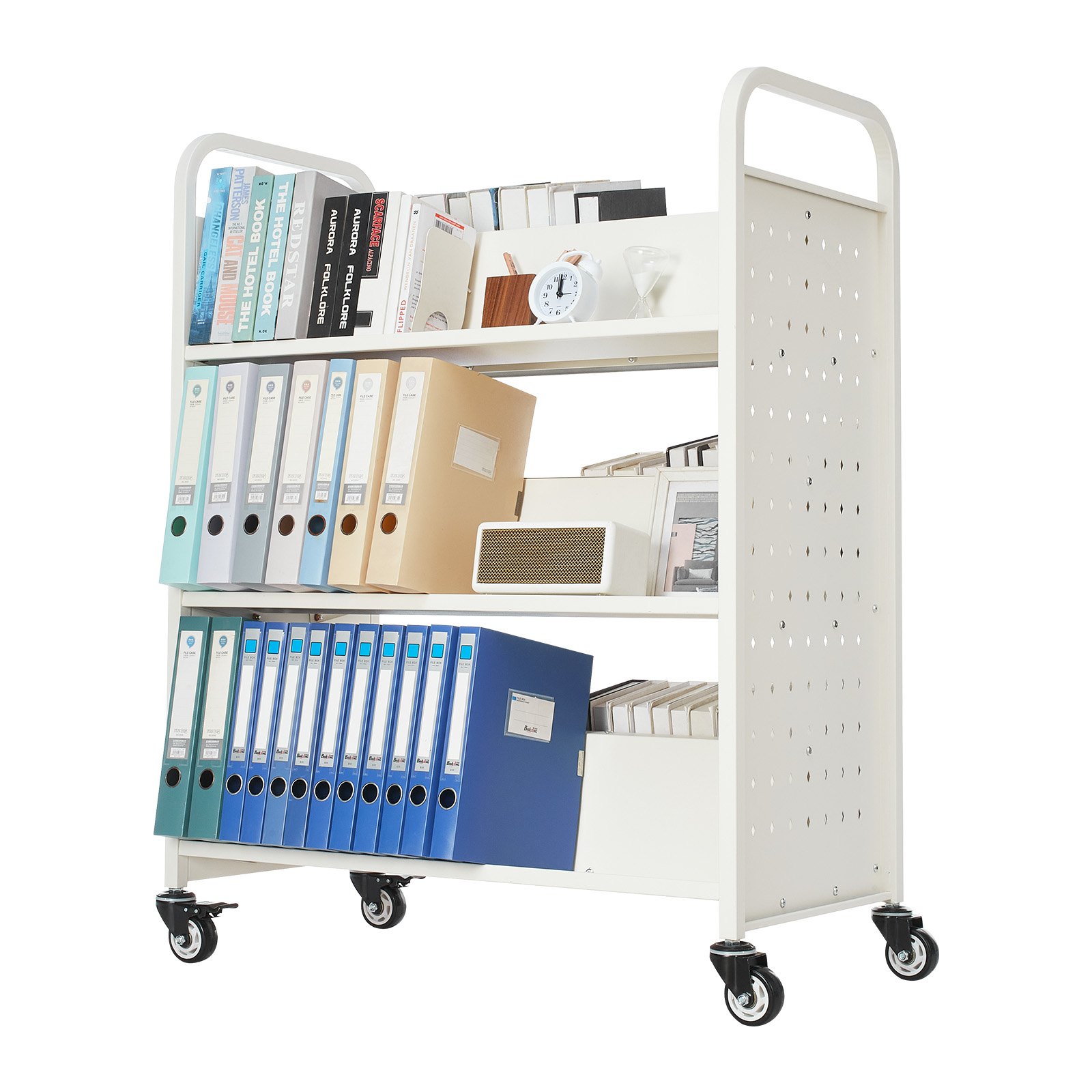 Wózek biblioteczny VEVOR, udźwig 150 kg, 97 x 51,5 x 122,5 cm, dwustronna półka na książki w kształcie litery W z podwójnymi kółkami hamulcowymi, wózek-półka do salonu, biura, szkoły, biały