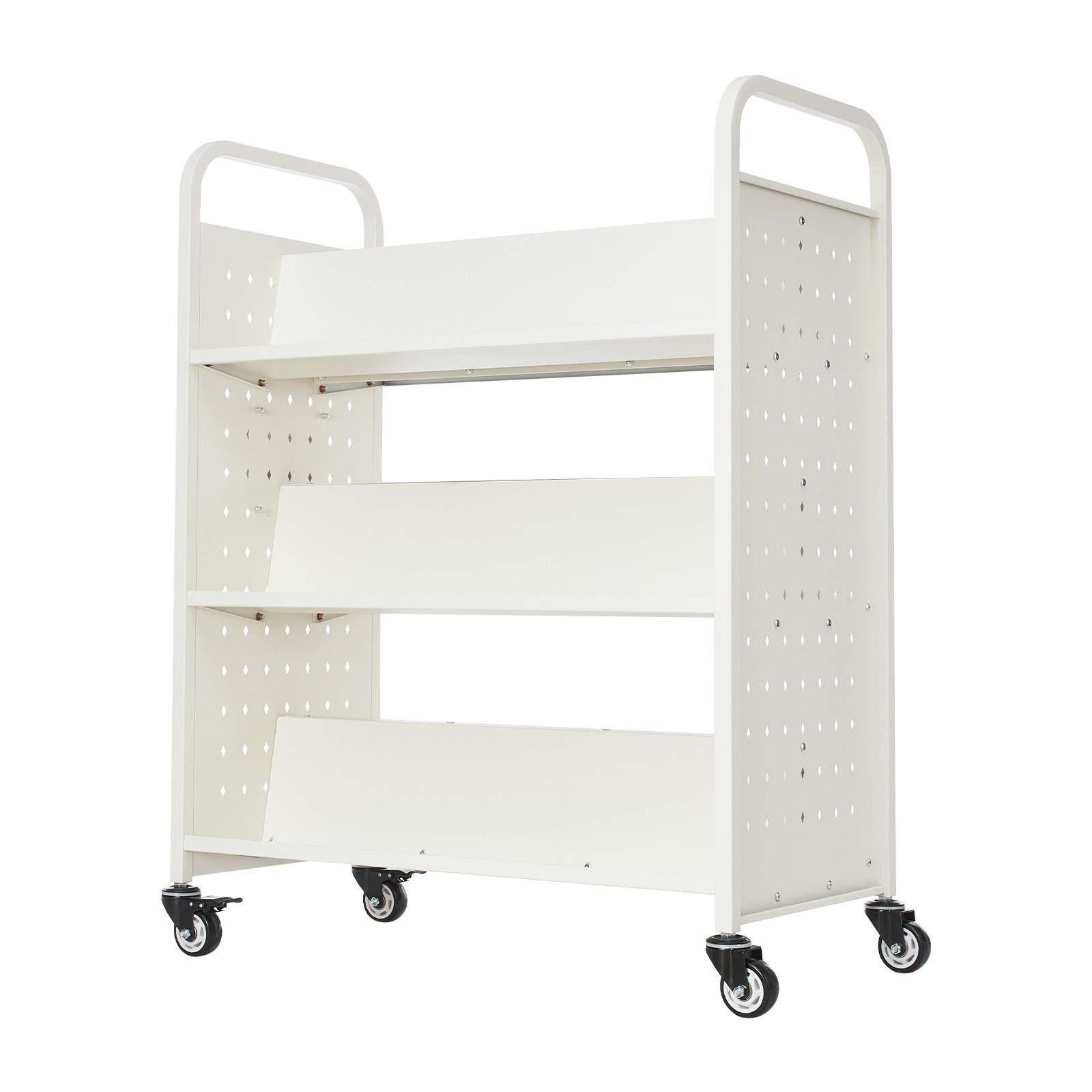 Wózek biblioteczny VEVOR, udźwig 150 kg, 97 x 51,5 x 122,5 cm, dwustronna półka na książki w kształcie litery W z podwójnymi kółkami hamulcowymi, wózek-półka do salonu, biura, szkoły, biały