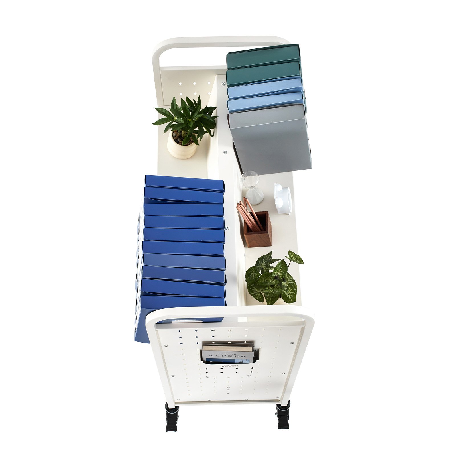 Wózek biblioteczny VEVOR, udźwig 150 kg, 97 x 51,5 x 122,5 cm, dwustronna półka na książki w kształcie litery W z podwójnymi kółkami hamulcowymi, wózek-półka do salonu, biura, szkoły, biały