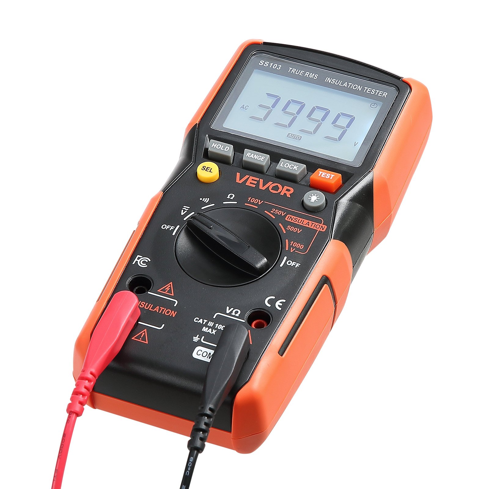 Cyfrowy multimetr VEVOR, woltomierz i omomierz TRMS 4000 zliczeń, tester napięcia AC/DC 1000 V z przełączanym zakresem automatycznym/ręcznym do pomiaru napięcia, rezystancji i ciągłości