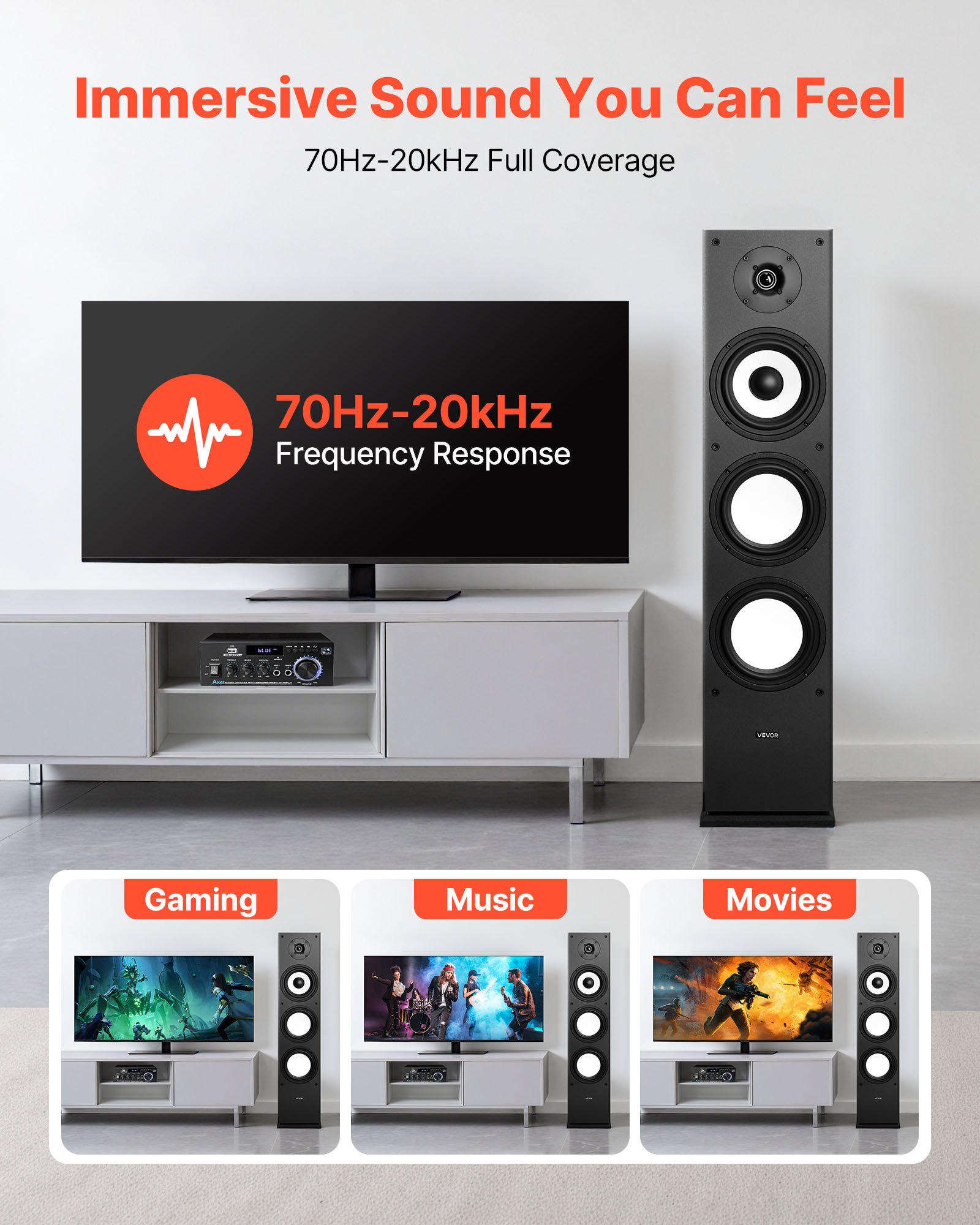 VEVOR Pasywny Głośnik wolnostojący, system dwudrożny, Hi-Fi, 200 W, 70 Hz–20 kHz, głośnik wysokotonowy, 2,54 cm