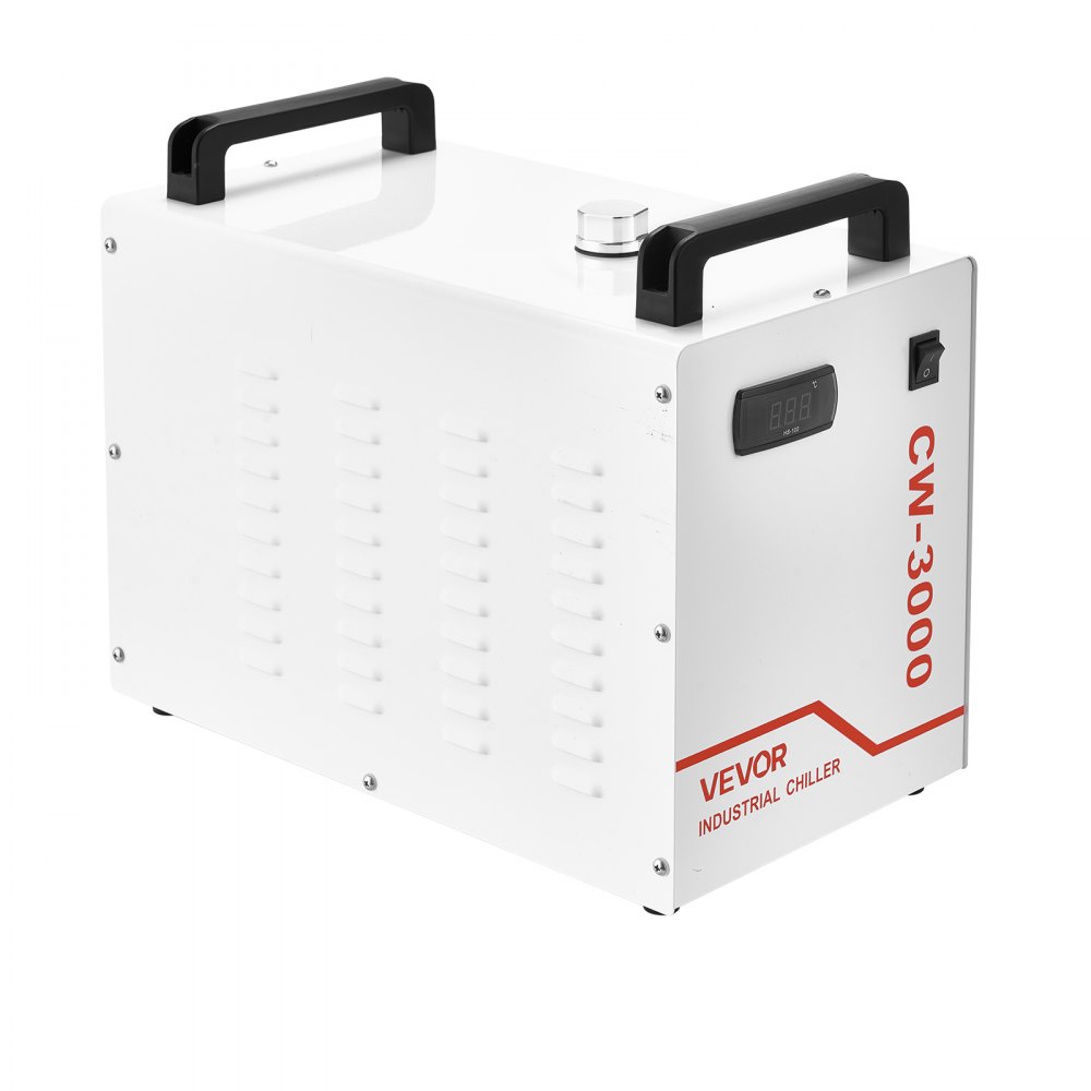 Chłodnica wodna przemysłowa VEVOR CW-3000, przemysłowy system chłodzenia z 9-litrowym zbiornikiem, przepływem 10 l/min, jednostką chłodzącą z wentylatorem szybkoobrotowym, do maszyn do grawerowania i cięcia laserowego