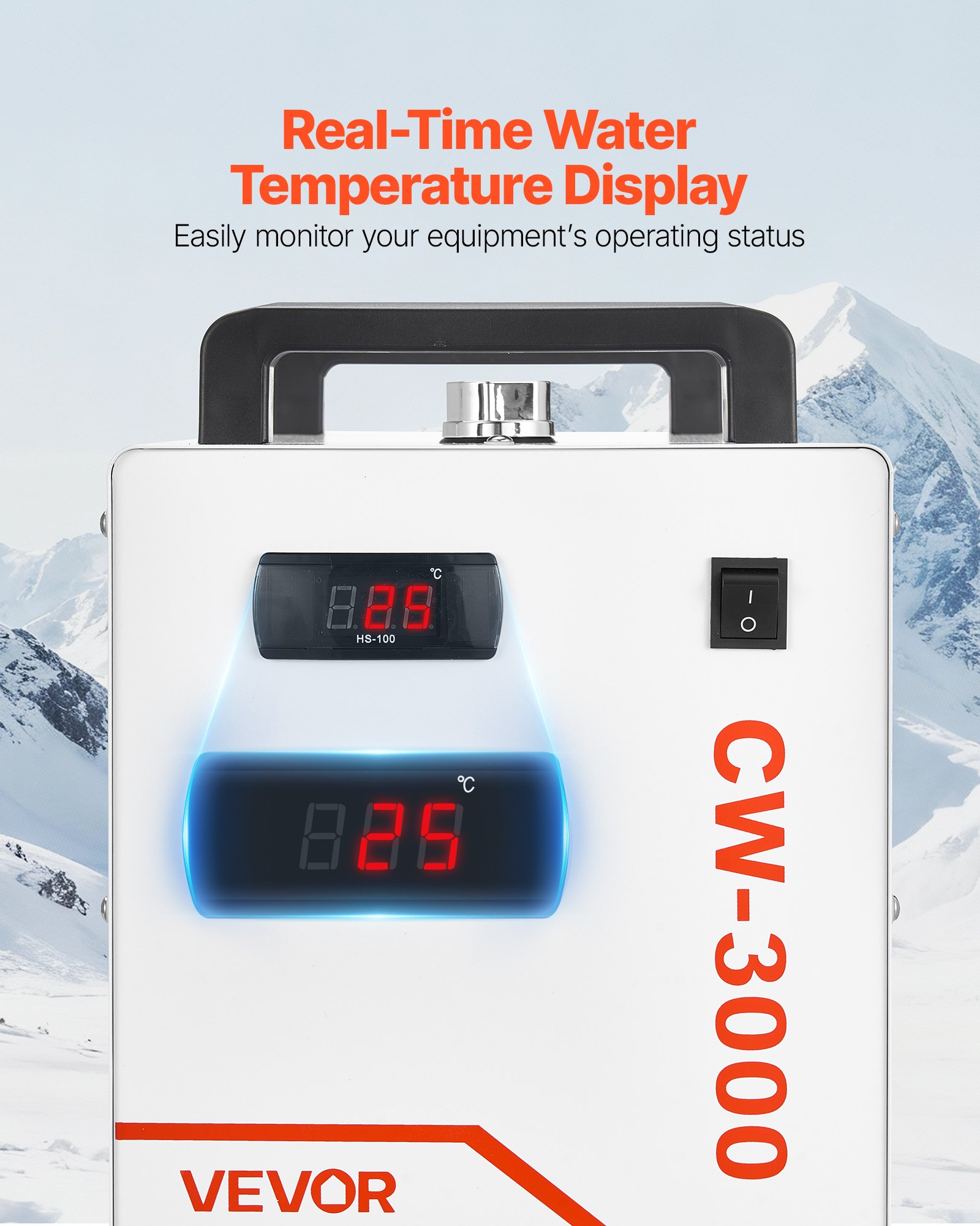 Chłodnica wodna przemysłowa VEVOR CW-3000, przemysłowy system chłodzenia z 9-litrowym zbiornikiem, przepływem 10 l/min, jednostką chłodzącą z wentylatorem szybkoobrotowym, do maszyn do grawerowania i cięcia laserowego
