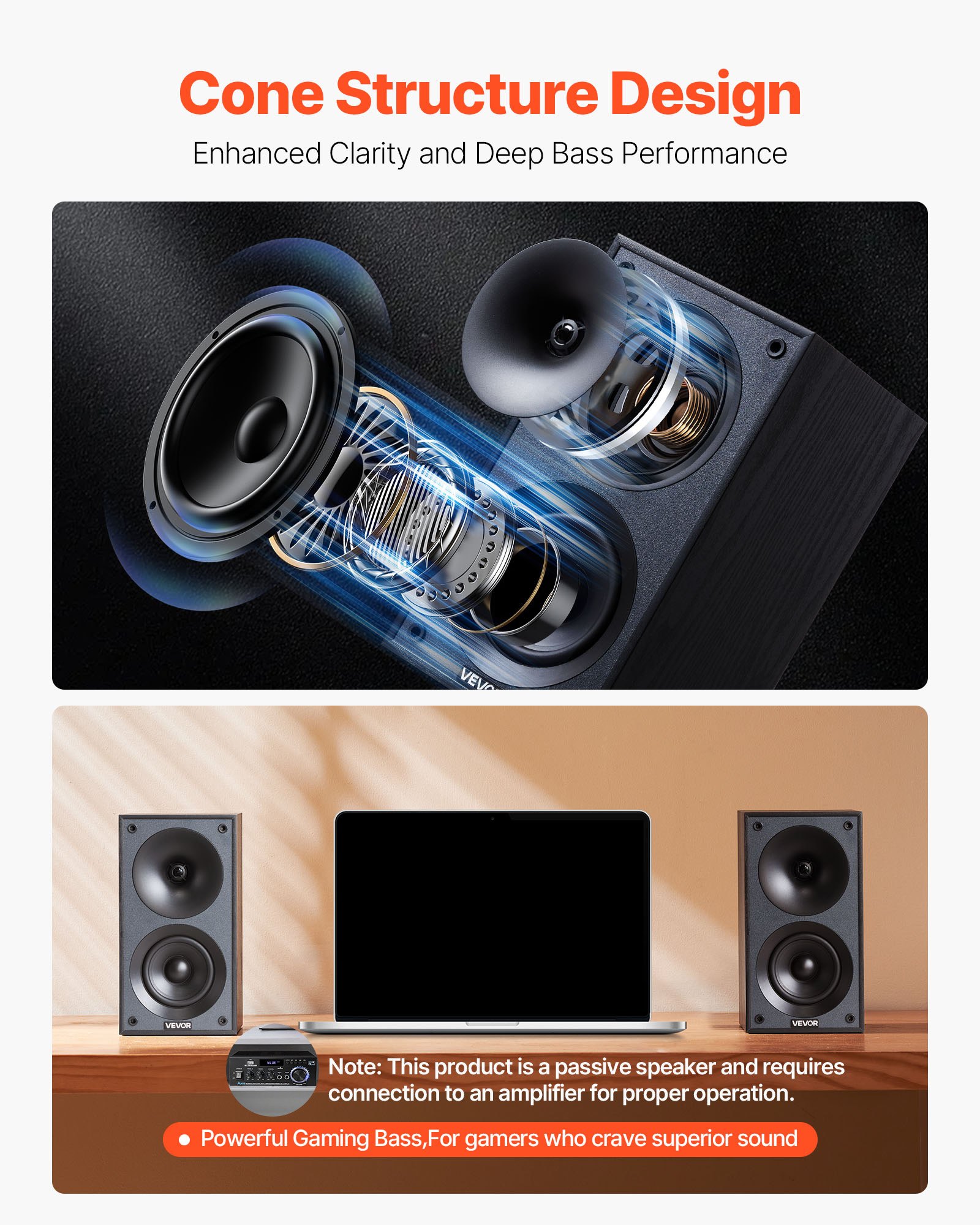 VEVOR Pasywne głośniki półkowe Para głośników stereo 300 W 70 Hz-20 kHz 150x189x280 mm