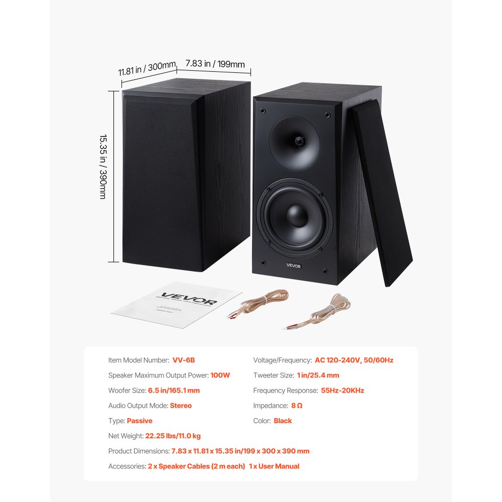 VEVOR Pasywne głośniki półkowe Para głośników stereo 300 W 55 Hz-20 kHz 199x300x390 mm