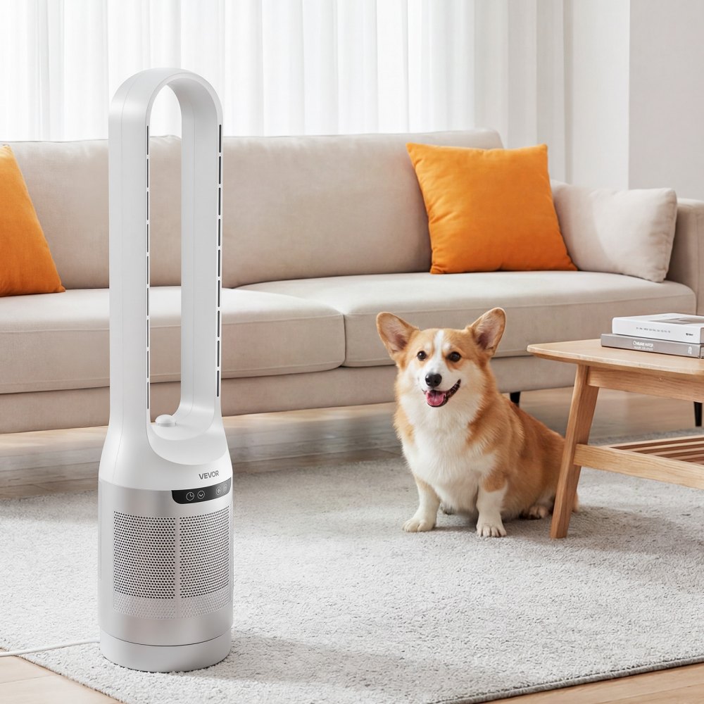 Wentylator kolumnowy VEVOR bezłopatkowy, 104 cm, 12 prędkości, maks. 4,5 m/s, 4 tryby, 8-godzinny timer, wentylator kolumnowy oscylacyjny 65° z pilotem do sypialni i biura, biały