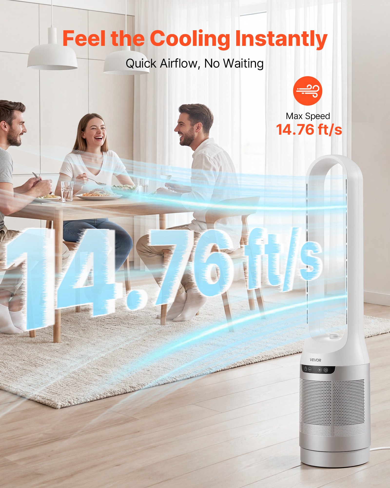 Wentylator kolumnowy VEVOR bezłopatkowy, 104 cm, 12 prędkości, maks. 4,5 m/s, 4 tryby, 8-godzinny timer, wentylator kolumnowy oscylacyjny 65° z pilotem do sypialni i biura, biały
