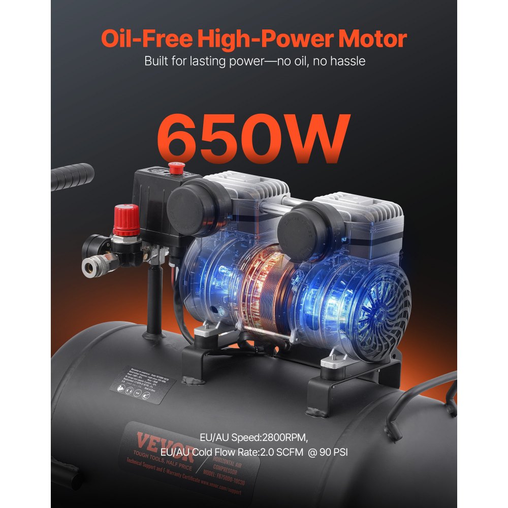 VEVOR air compressor, 8-gallon steel tank, 1 HP, 2.2 CFM at 90 PSI, oil-free air compressor and max. 120 PSI pressure, 80 dB ultra-quiet portable compressor, for car repair, tire inflation, spray painting