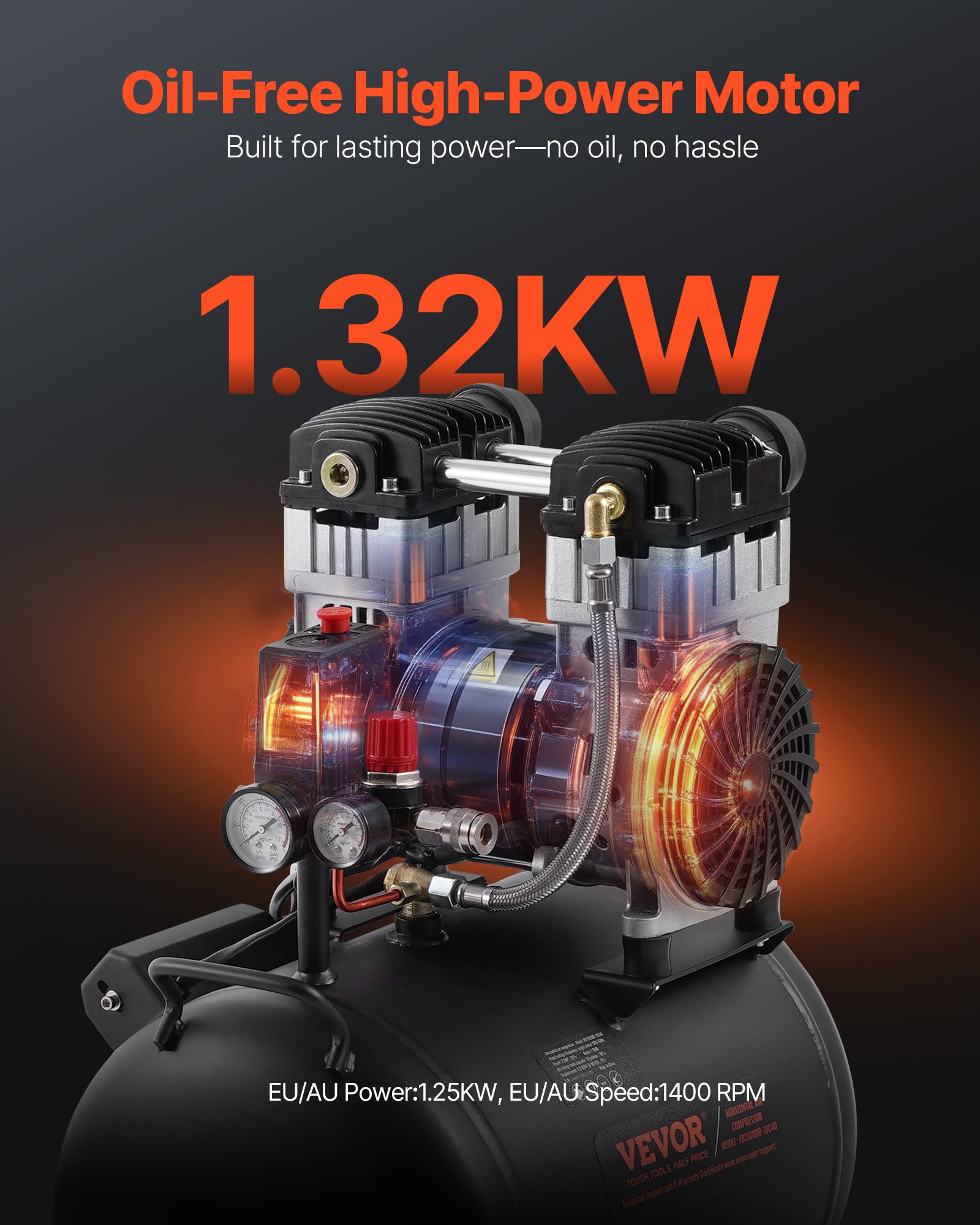 Kompresor powietrza VEVOR, 10-galonowy zbiornik ze stali, 2 KM, 5,3 CFM przy 90 PSI, bezolejowy kompresor powietrza i maks. ciśnienie 125 PSI, 78 dB, ultracichy, przenośny kompresor, do napraw samochodowych, pompowania opon, malowania natryskowego
