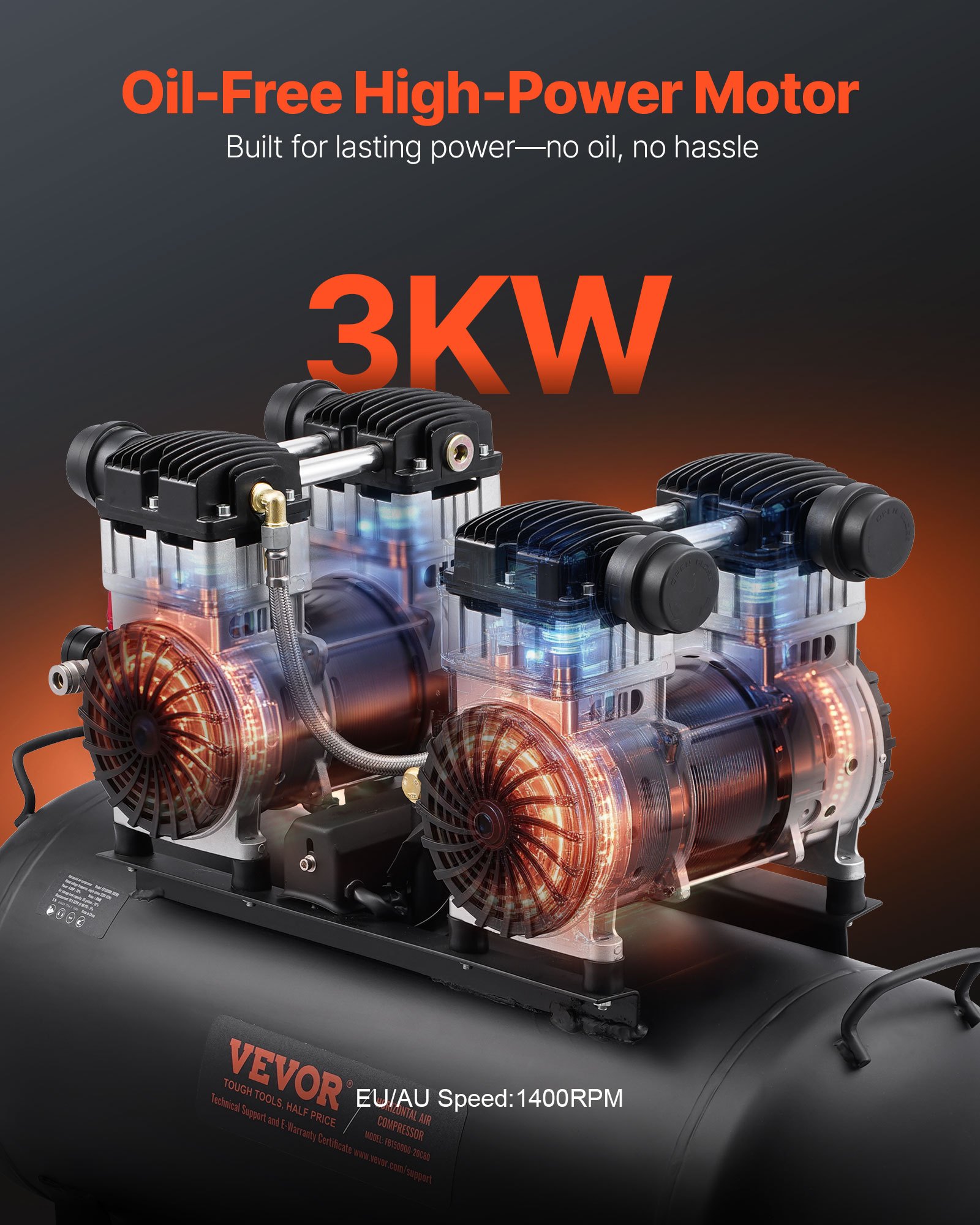 Kompresor powietrza VEVOR, zbiornik stalowy 20 galonów, 4 KM, 14,6 CFM przy 90 PSI, bezolejowy kompresor powietrza i maks. ciśnienie 125 PSI, 78 dB, ultracichy, przenośny kompresor, do napraw samochodowych, pompowania opon, malowania natryskowego