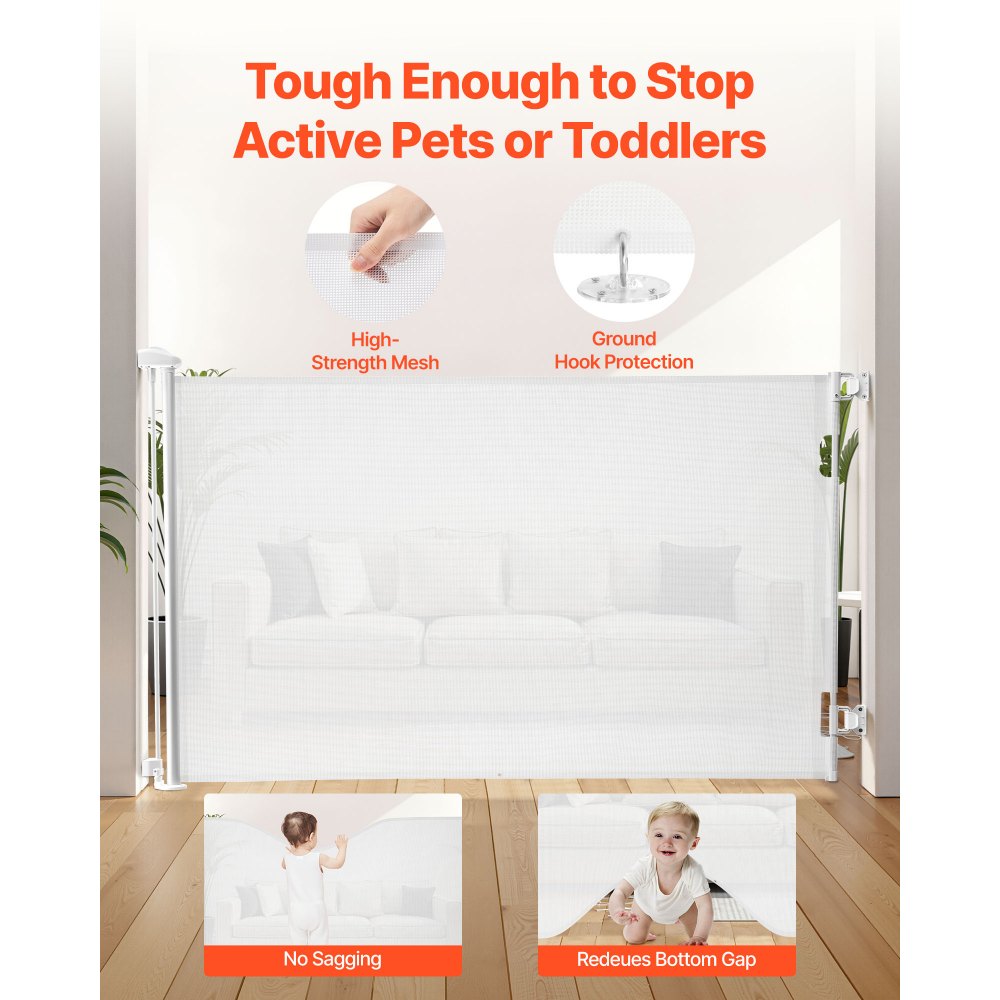 VEVOR Rozkładana bramka dla dziecka i psa, rozsuwana do 145 cm szerokości / 98 mm wysokości, bramka schodowa z blokadą bezpieczeństwa, siatkowa bramka zabezpieczająca na schody, korytarze, wewnątrz i na zewnątrz, biała