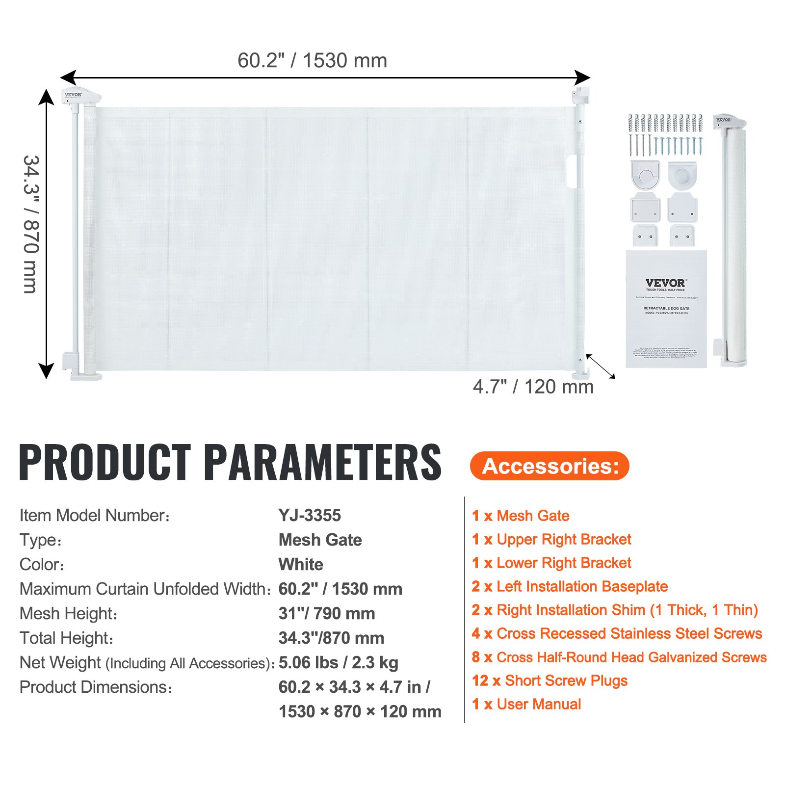Bramka zabezpieczająca do drzwi VEVOR Bramka schodowa Maks. 153 cm Wysuwana bramka dla dzieci Wysoka bramka dla dzieci o wysokości 87 cm Bramka zabezpieczająca dla zwierząt domowych Bramka zabezpieczająca dla dzieci Biała bramka schodowa do mocowania dla małego psa Bramka na zewnątrz