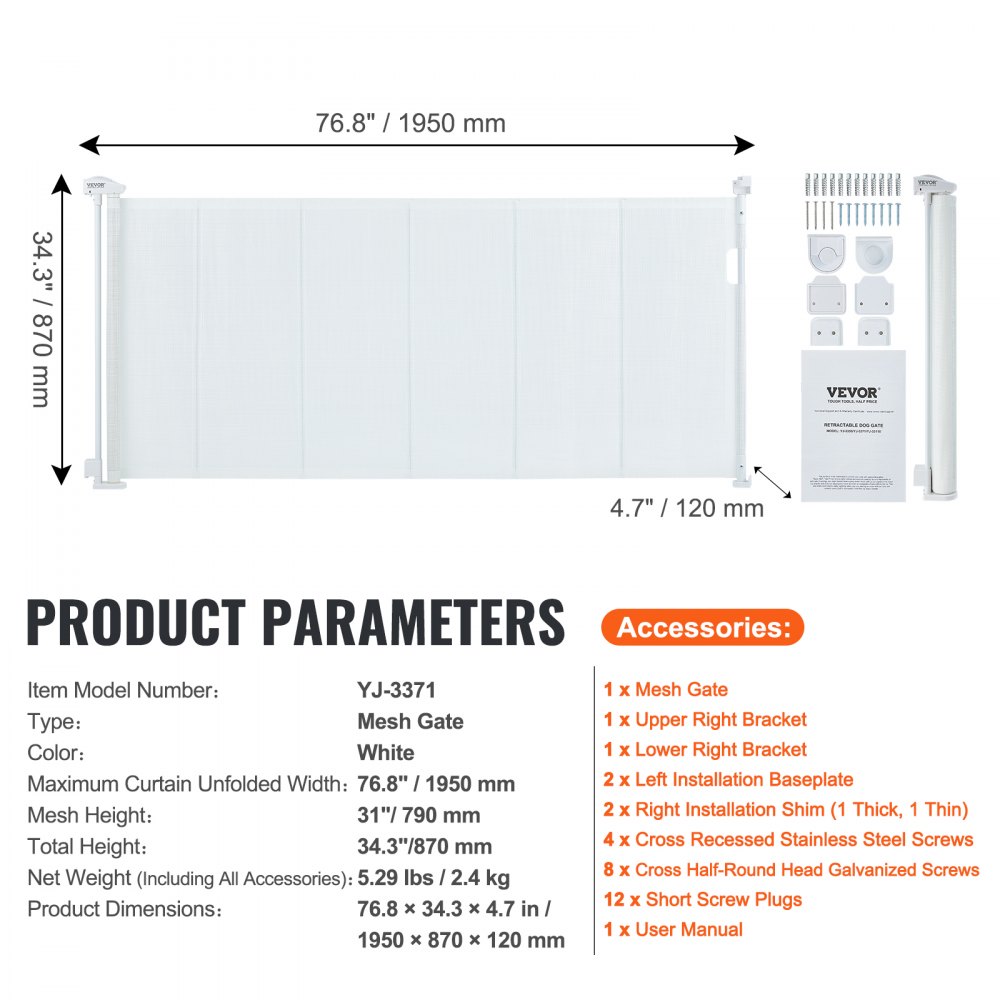 VEVOR Bramka schodowa, maks. 195 cm, rozsuwana bramka dla dziecka, wys. 87 cm, biała bramka zabezpieczająca dla zwierząt, bramka schodowa do zaciskania dla małego psa, do użytku na zewnątrz