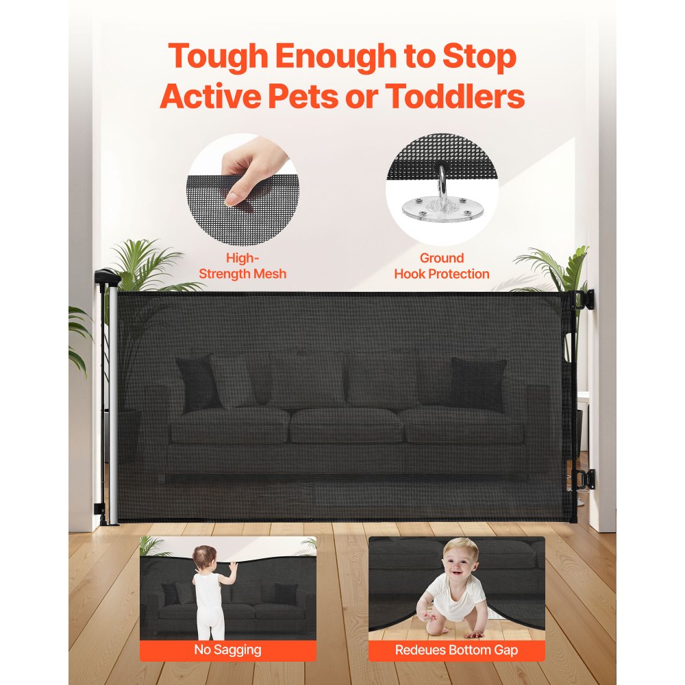 VEVOR Bramka schodowa dla dziecka i psa, rozsuwana do 143 cm (szer.) / 795 mm (wys.), bramka schodowa z blokadą bezpieczeństwa, siatkowa bramka zabezpieczająca na schody, korytarze, wewnątrz i na zewnątrz, kolor czarny