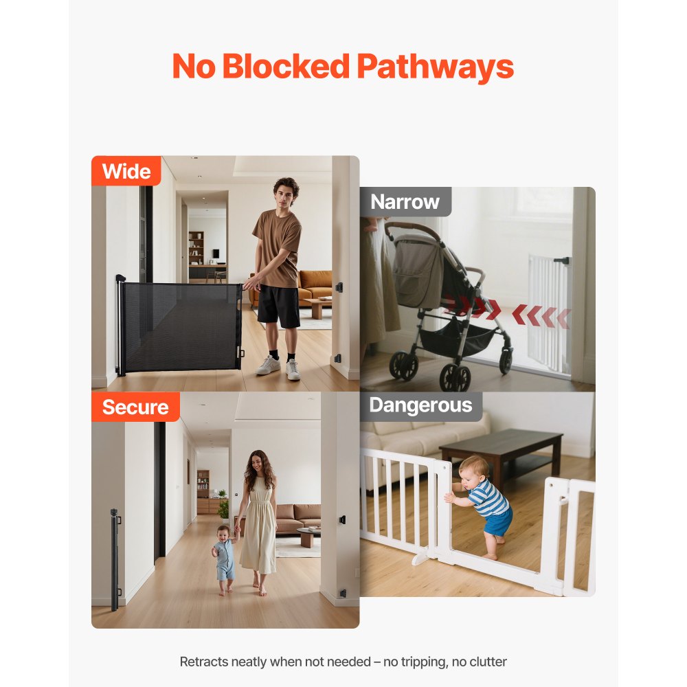 VEVOR Retractable Baby Gate, Extends to 1430 mm Wide, 795 mm Tall, with Security Lock, Easy to Use, Walk Through Without Tripping, Mesh Dog Gate for Stairs, Hallways, Indoor/Outdoor, Black