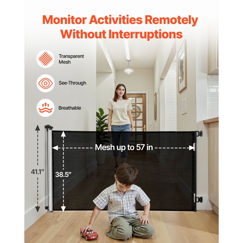 VEVOR Retractable Baby Gate, Extends to 1450 mm Wide, 980 mm Tall, with Security Lock, Easy to Use, Walk Through Without Tripping, Mesh Dog Gate for Stairs, Hallways, Indoor/Outdoor, Black