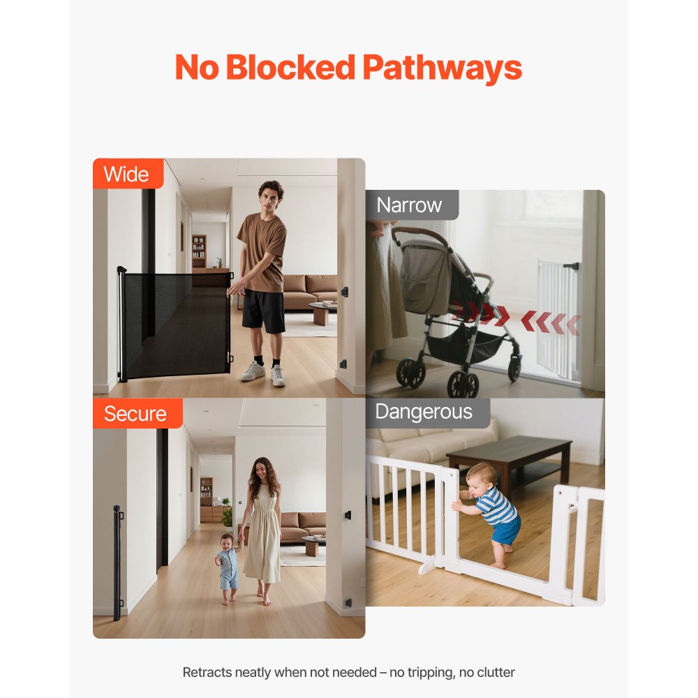 VEVOR Retractable Baby Gate, Extends to 1450 mm Wide, 980 mm Tall, with Security Lock, Easy to Use, Walk Through Without Tripping, Mesh Dog Gate for Stairs, Hallways, Indoor/Outdoor, Black