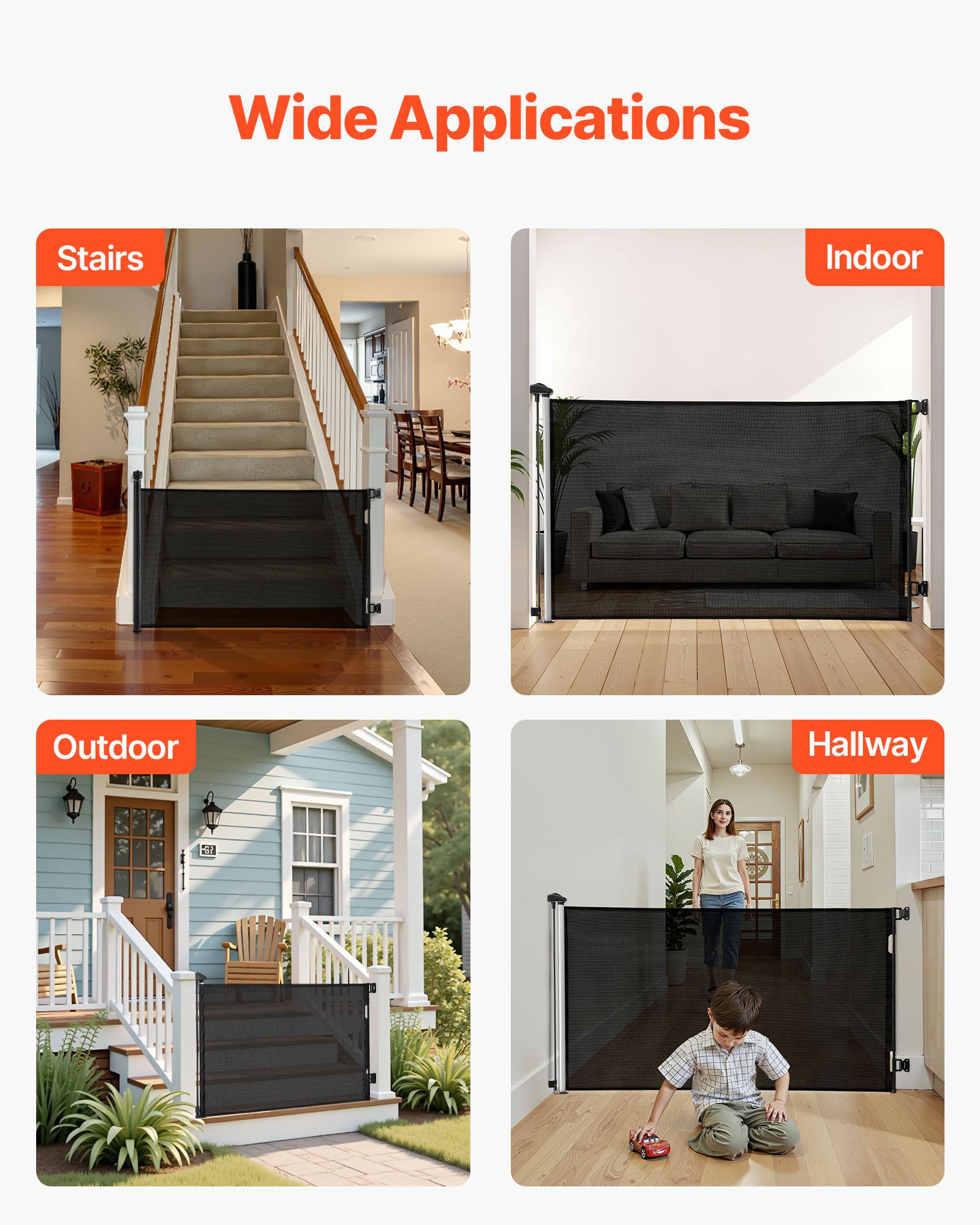 VEVOR Retractable Baby Gate, Extends to 1450 mm Wide, 980 mm Tall, with Security Lock, Easy to Use, Walk Through Without Tripping, Mesh Dog Gate for Stairs, Hallways, Indoor/Outdoor, Black