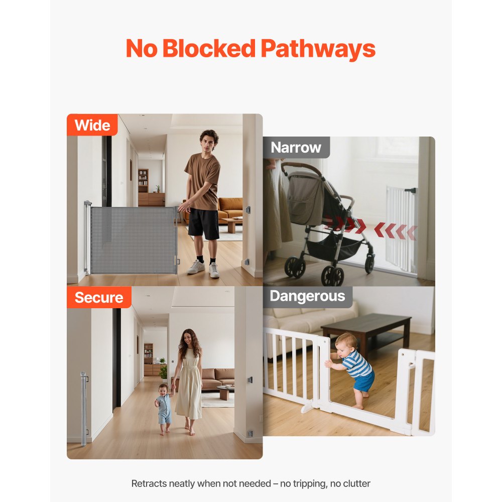 VEVOR Retractable Baby Gate, Extends to 1430 mm Wide, 795 mm Tall, with Security Lock, Easy to Use, Walk Through Without Tripping, Mesh Dog Gate for Stairs, Hallways, Indoor/Outdoor, Gray