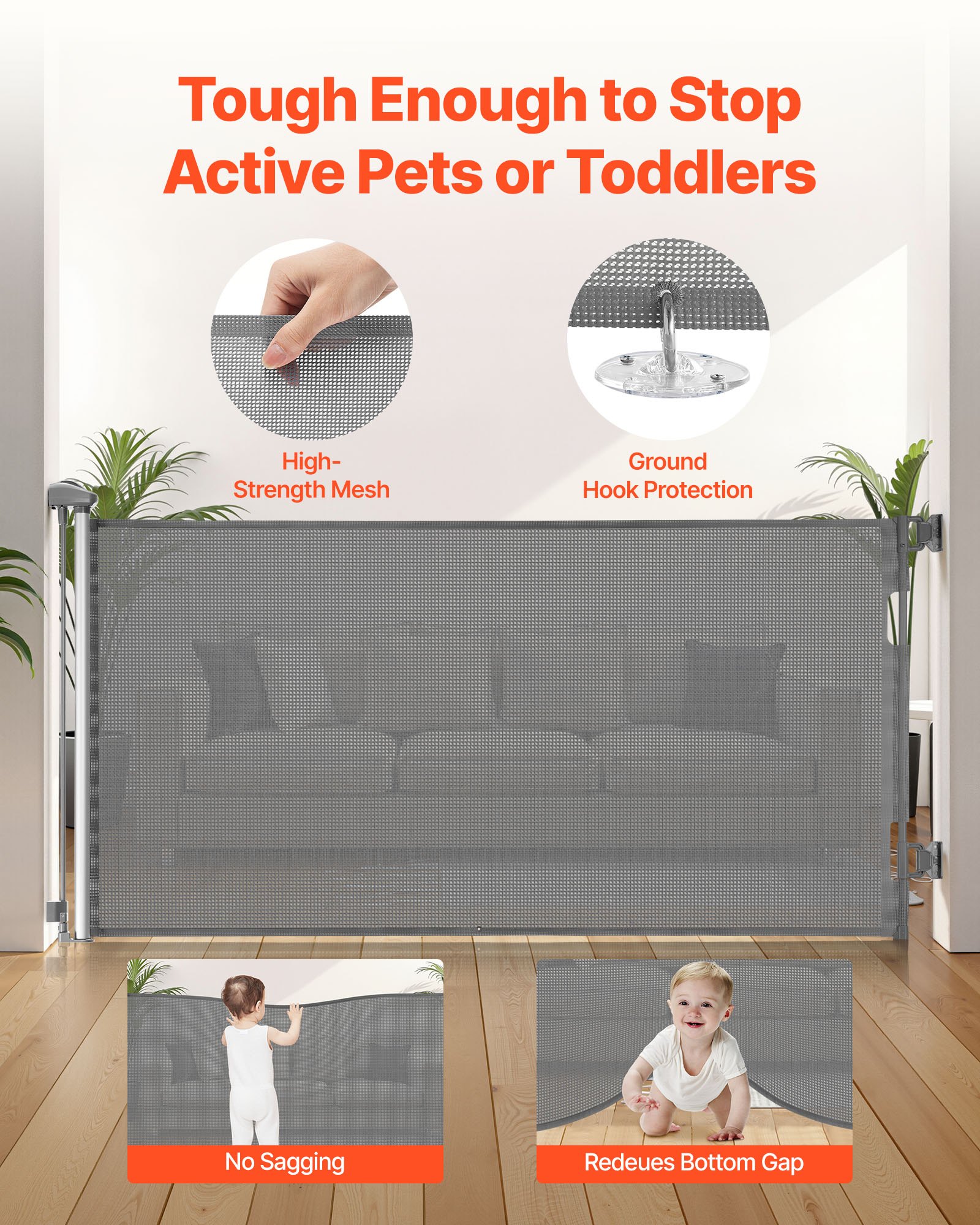 VEVOR Retractable Baby Gate, Extends to 1430 mm Wide, 795 mm Tall, with Security Lock, Easy to Use, Walk Through Without Tripping, Mesh Dog Gate for Stairs, Hallways, Indoor/Outdoor, Gray