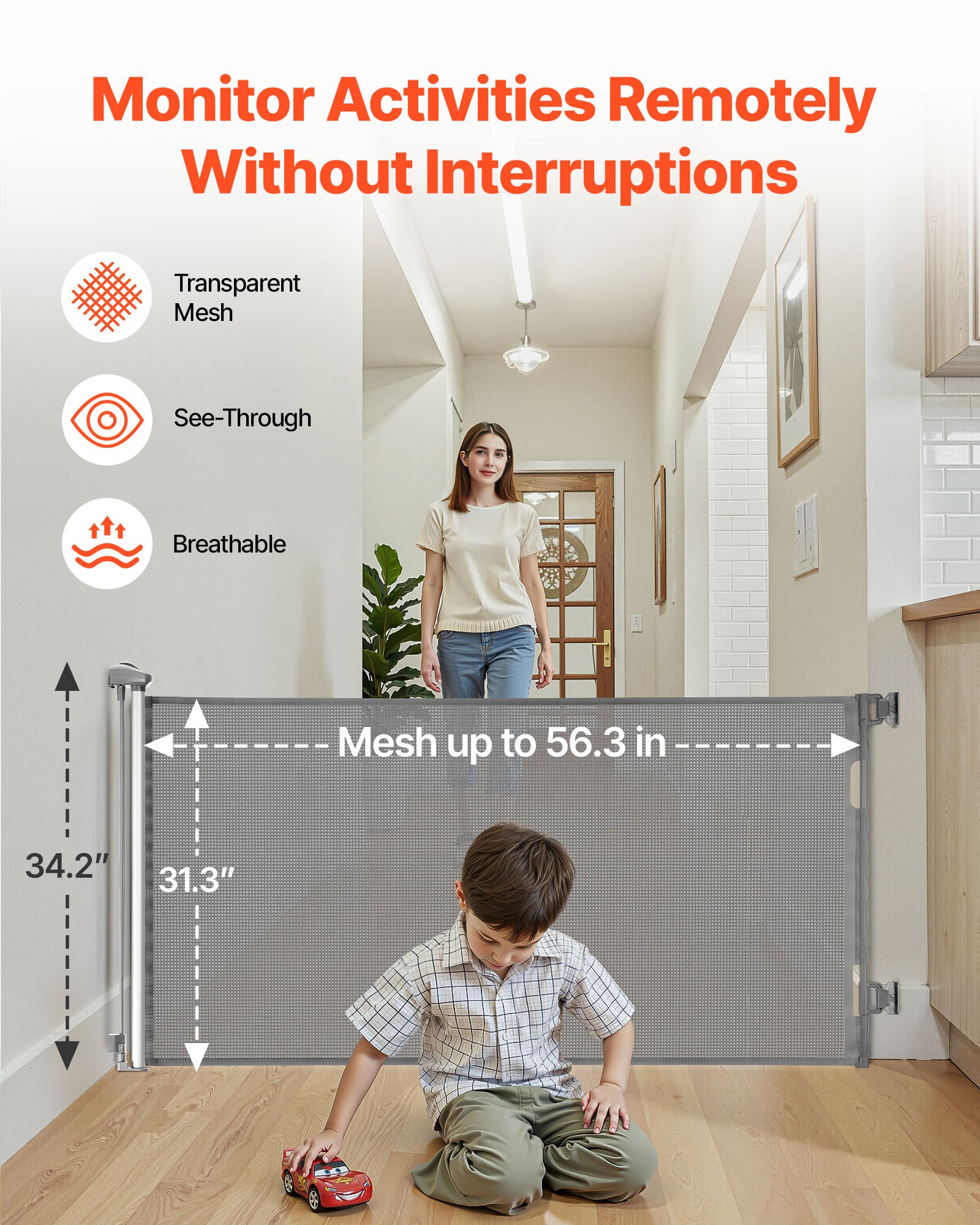 VEVOR Retractable Baby Gate, Extends to 1430 mm Wide, 795 mm Tall, with Security Lock, Easy to Use, Walk Through Without Tripping, Mesh Dog Gate for Stairs, Hallways, Indoor/Outdoor, Gray