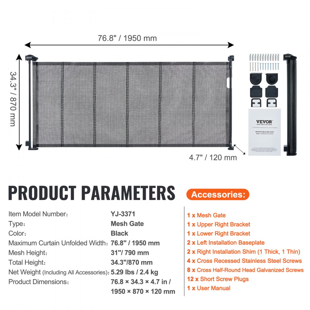 VEVOR Bramka schodowa, maks. 195 cm, rozsuwana bramka dla dziecka, wys. 87 cm, bramka dla zwierząt, czarna, bramka schodowa do zaciskania dla małego psa, do użytku na zewnątrz