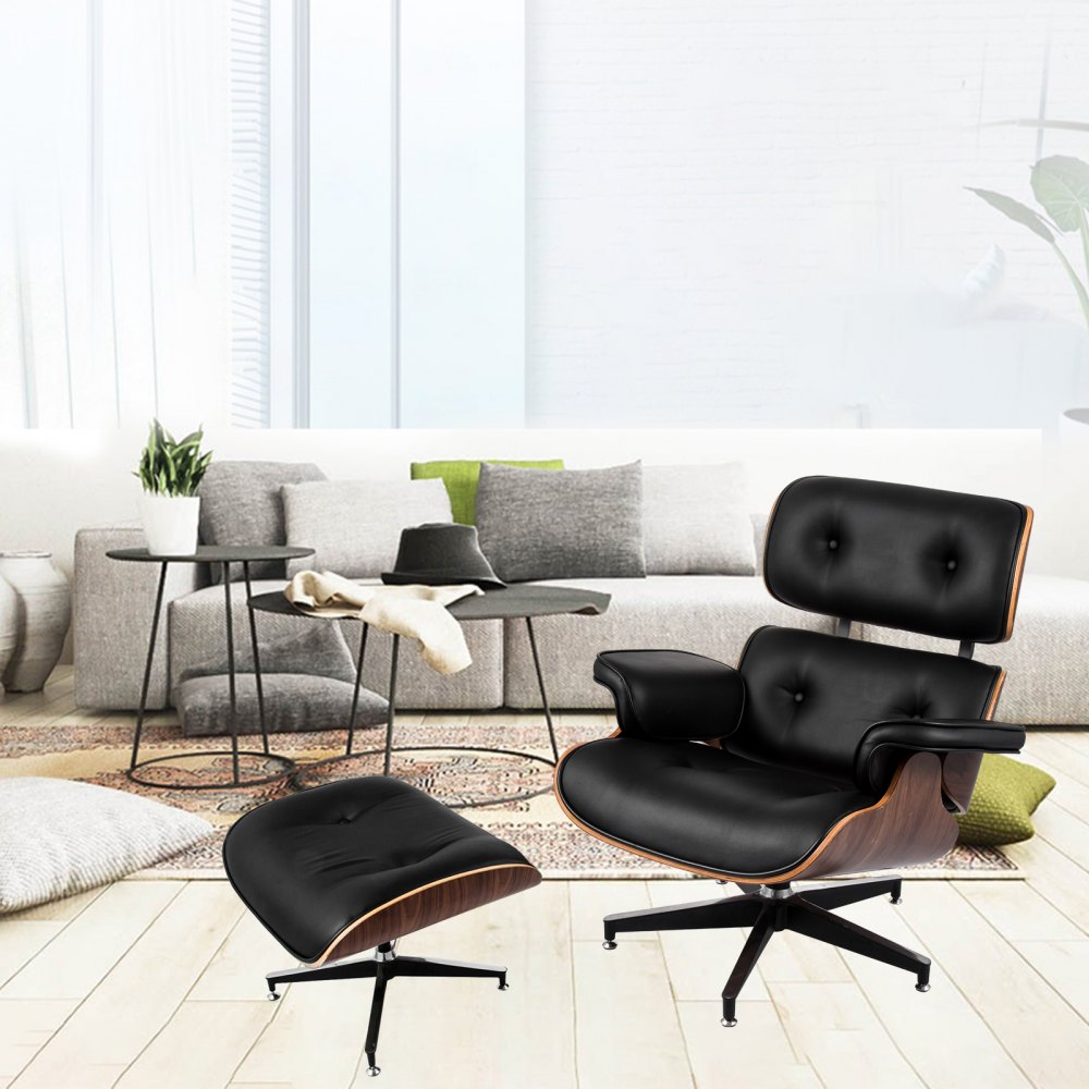 Klasyczny fotel i podnóżek ze sklejki orzechowej ze skóry PU w stylu Eames