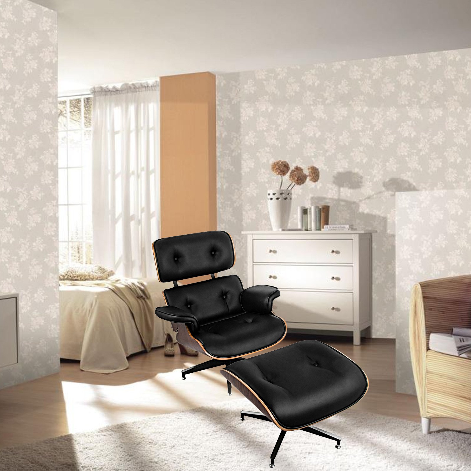 Klasyczny fotel i podnóżek ze sklejki orzechowej ze skóry PU w stylu Eames