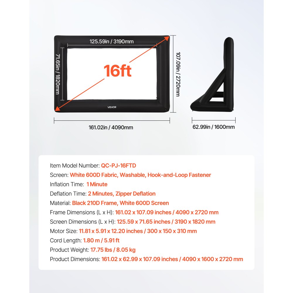VEVOR Nadmuchiwany ekran projekcyjny do filmów, ekran projekcyjny z tworzywa 600D, z przenośną torbą do przechowywania, 16:9, projekcja filmów na imprezę tematyczną w kinie domowym, zabawa przy basenie (409 x 160 x 272 cm)