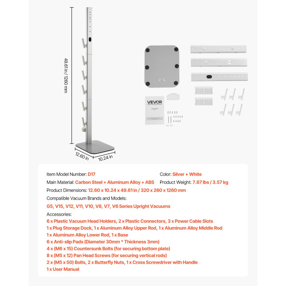 Stojak pod odkurzacz VEVOR 126 cm, kompatybilny z odkurzaczami pionowymi Dyson G5 V15 V12 V11 V10 V8 V7 V6 i akcesoriami, stojak podłogowy, uchwyt z 6 haczykami i antypoślizgowymi podkładkami, srebrny