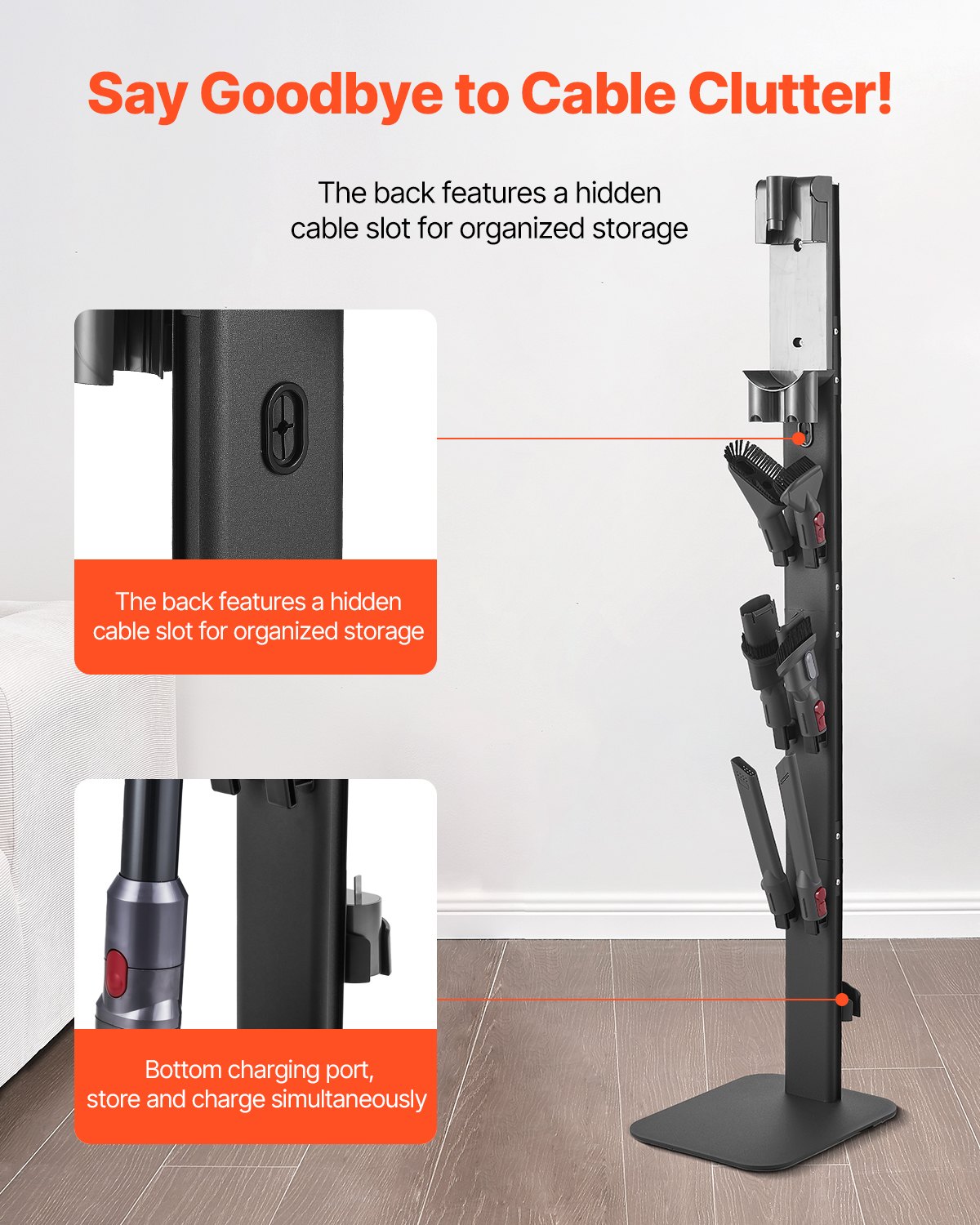 Stojak pod odkurzacz VEVOR 32 x 26 x 126 cm, kompatybilny z odkurzaczami pionowymi Dyson G5 V15 V12 V11 V10 V8 V7 V6 Series i akcesoriami, stojak podłogowy, uchwyt z 6 haczykami i antypoślizgowymi podkładkami, czarny