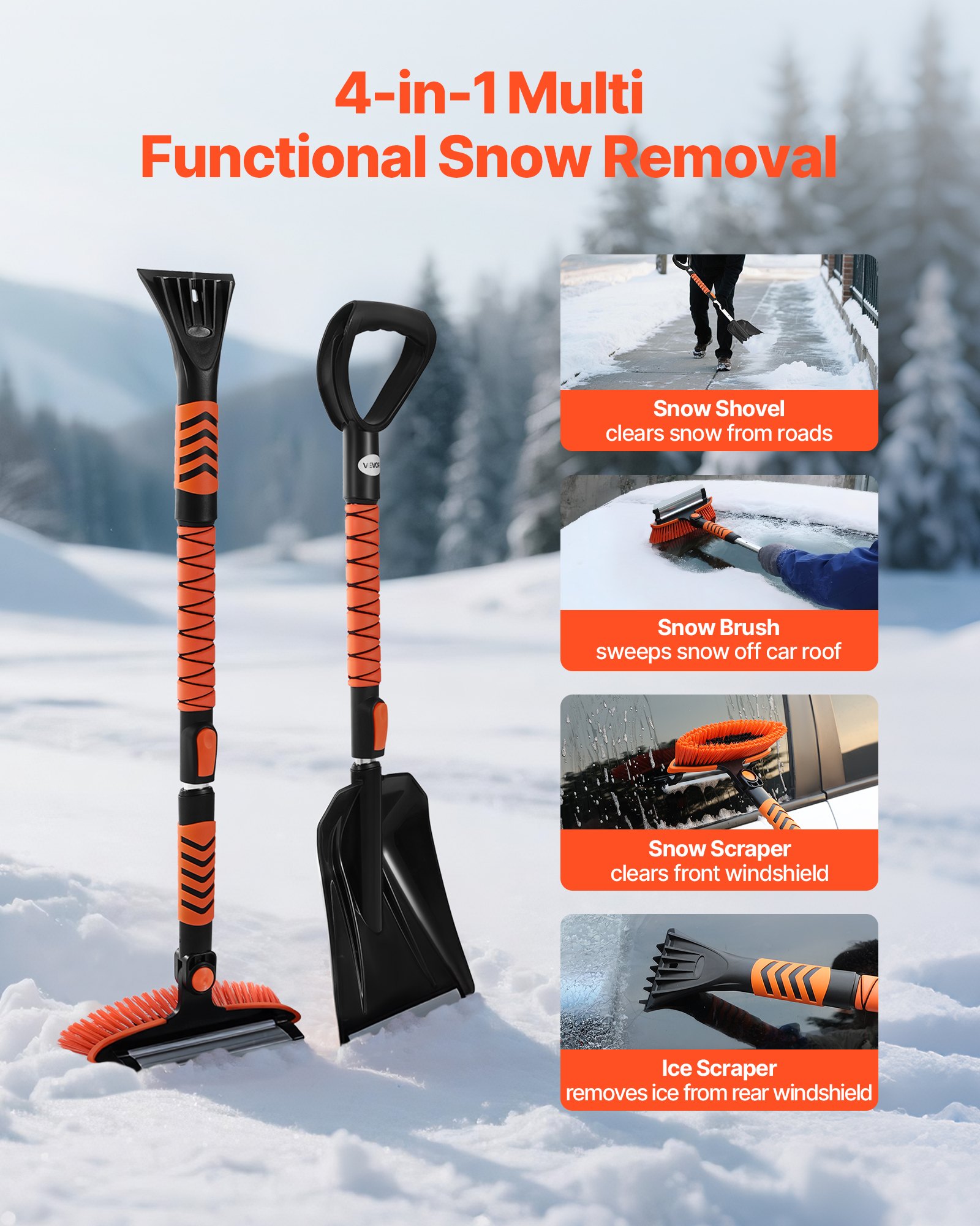 VEVOR Snow Shovel and Snow Brush, 107cm Extendable Snows Broom & Ice Scraper with 180° Pivoting Brush Head, Non-Slip Grip, Portable Winter Snows Removal Tools for Cars Trucks, SUVs Vehicle