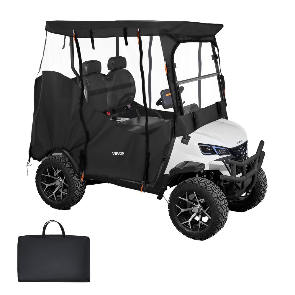 Pokrowiec na wózek golfowy VEVOR widoczny, przeznaczony do wózków golfowych 2-osobowych (większość wózków golfowych marek Club Car, Yamaha, EZGO i Honda), pokrowiec przeciwdeszczowy wykonany z tkaniny Oxford 600D, z powłoką poliuretanową i wiatroszczelnym systemem haczyków