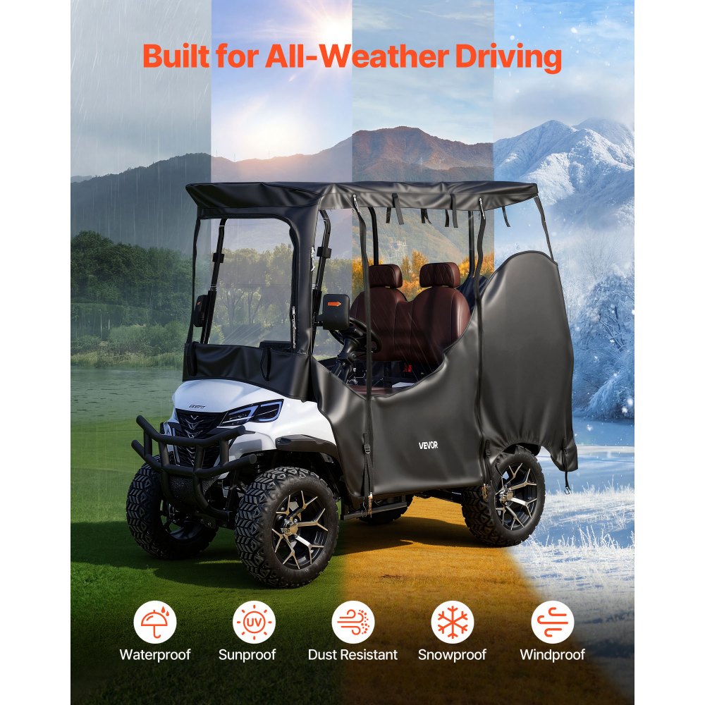 Pokrowiec na wózek golfowy VEVOR widoczny, przeznaczony do wózków golfowych 2-osobowych (większość wózków golfowych marek Club Car, Yamaha, EZGO i Honda), pokrowiec przeciwdeszczowy wykonany z tkaniny Oxford 600D, z powłoką poliuretanową i wiatroszczelnym systemem haczyków