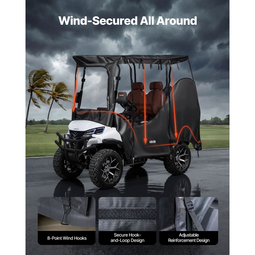 Pokrowiec na wózek golfowy VEVOR widoczny, przeznaczony do wózków golfowych 2-osobowych (większość wózków golfowych marek Club Car, Yamaha, EZGO i Honda), pokrowiec przeciwdeszczowy wykonany z tkaniny Oxford 600D, z powłoką poliuretanową i wiatroszczelnym systemem haczyków
