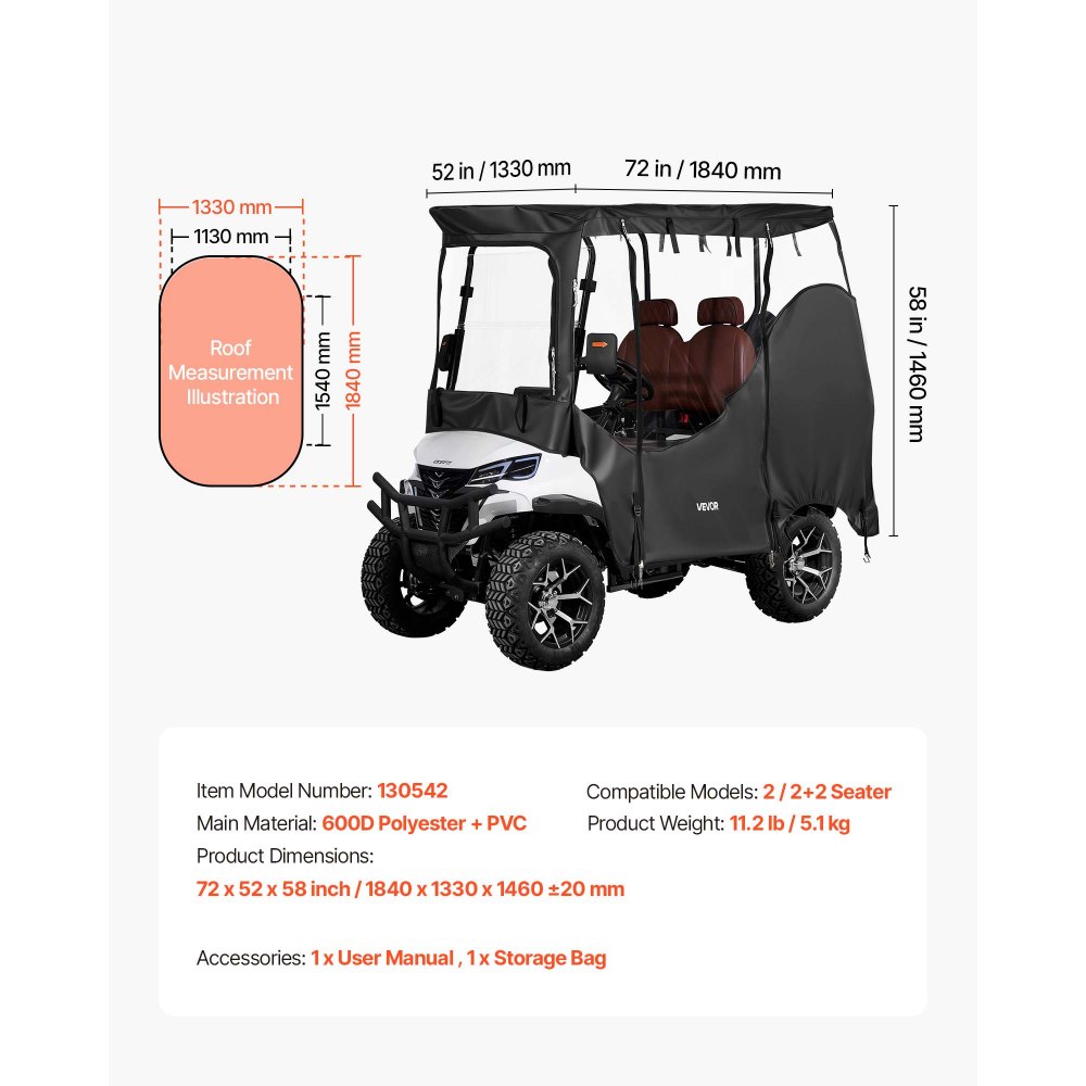 Pokrowiec na wózek golfowy VEVOR widoczny, przeznaczony do wózków golfowych 2-osobowych (większość wózków golfowych marek Club Car, Yamaha, EZGO i Honda), pokrowiec przeciwdeszczowy wykonany z tkaniny Oxford 600D, z powłoką poliuretanową i wiatroszczelnym systemem haczyków
